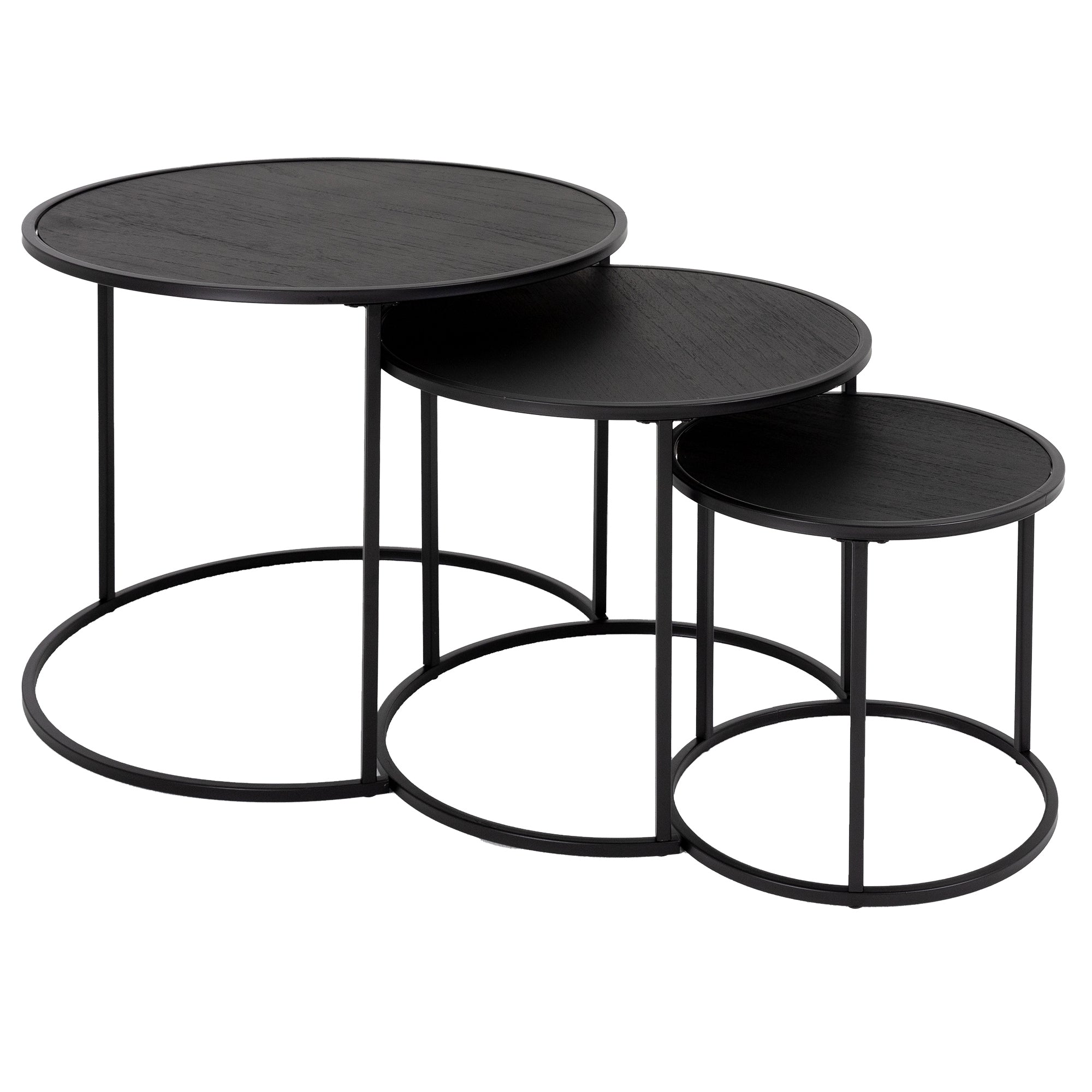 Trois tables d'appoint rondes de différentes tailles, laquées en noir.