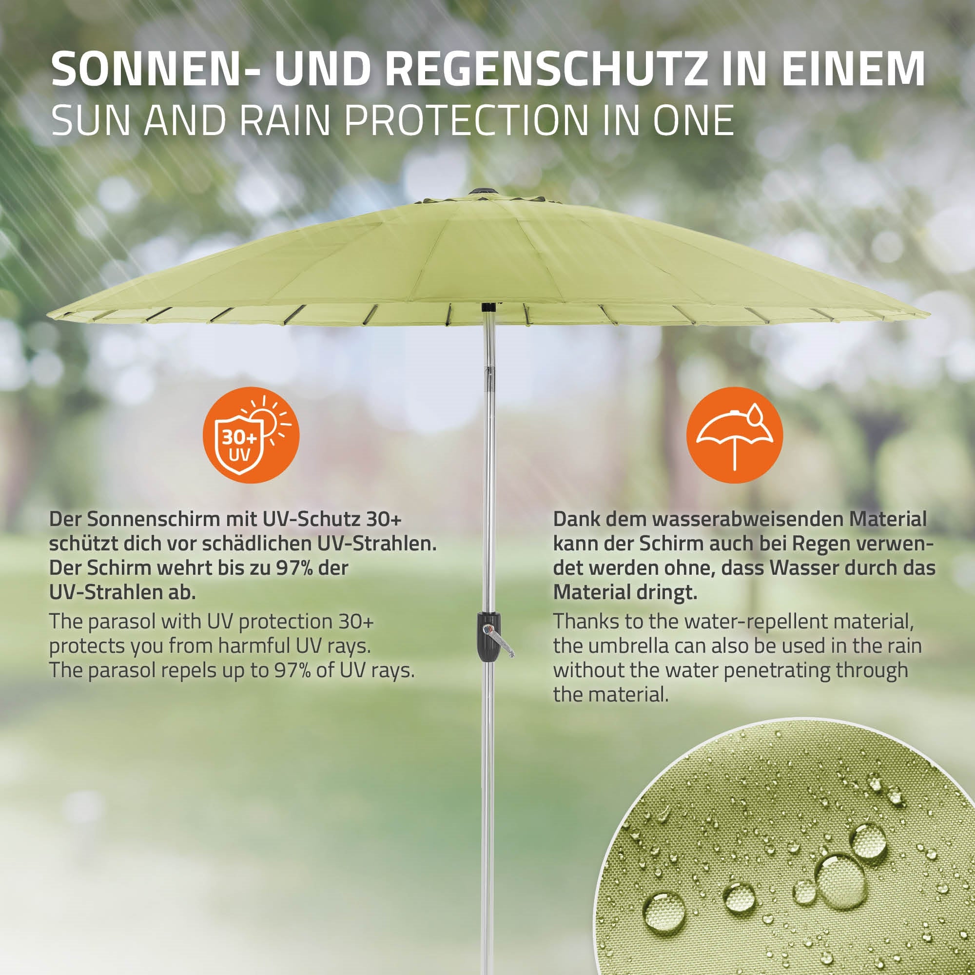 Un ombrellone verde, su un supporto, con protezione contro acqua e UV.