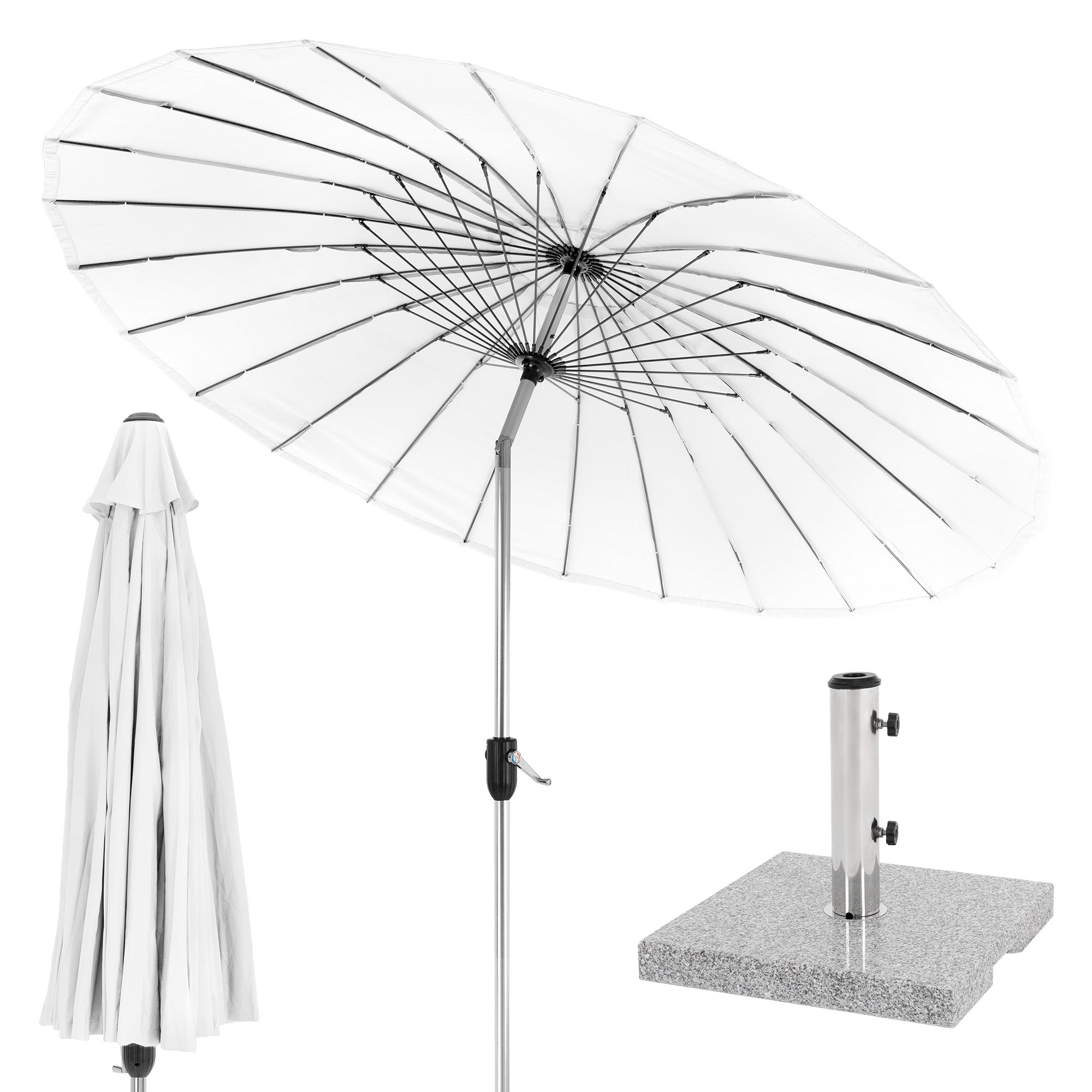 Parasol blanc avec tissu transparent et un socle stable.