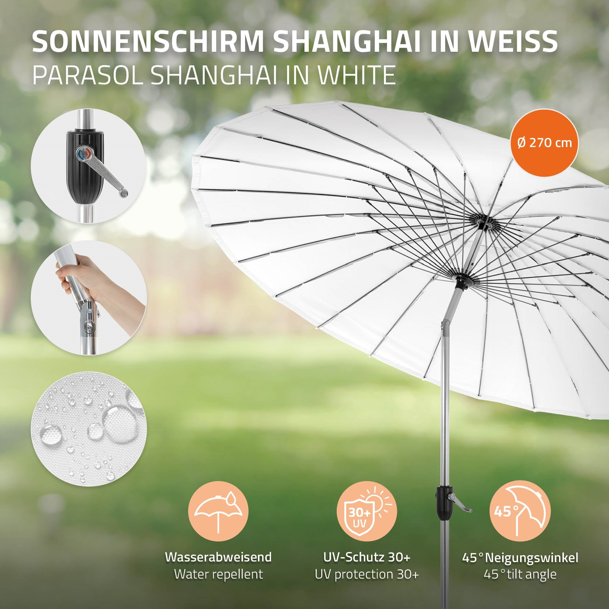Hvid parasol med vandafvisende materiale og UV-beskyttelse.
