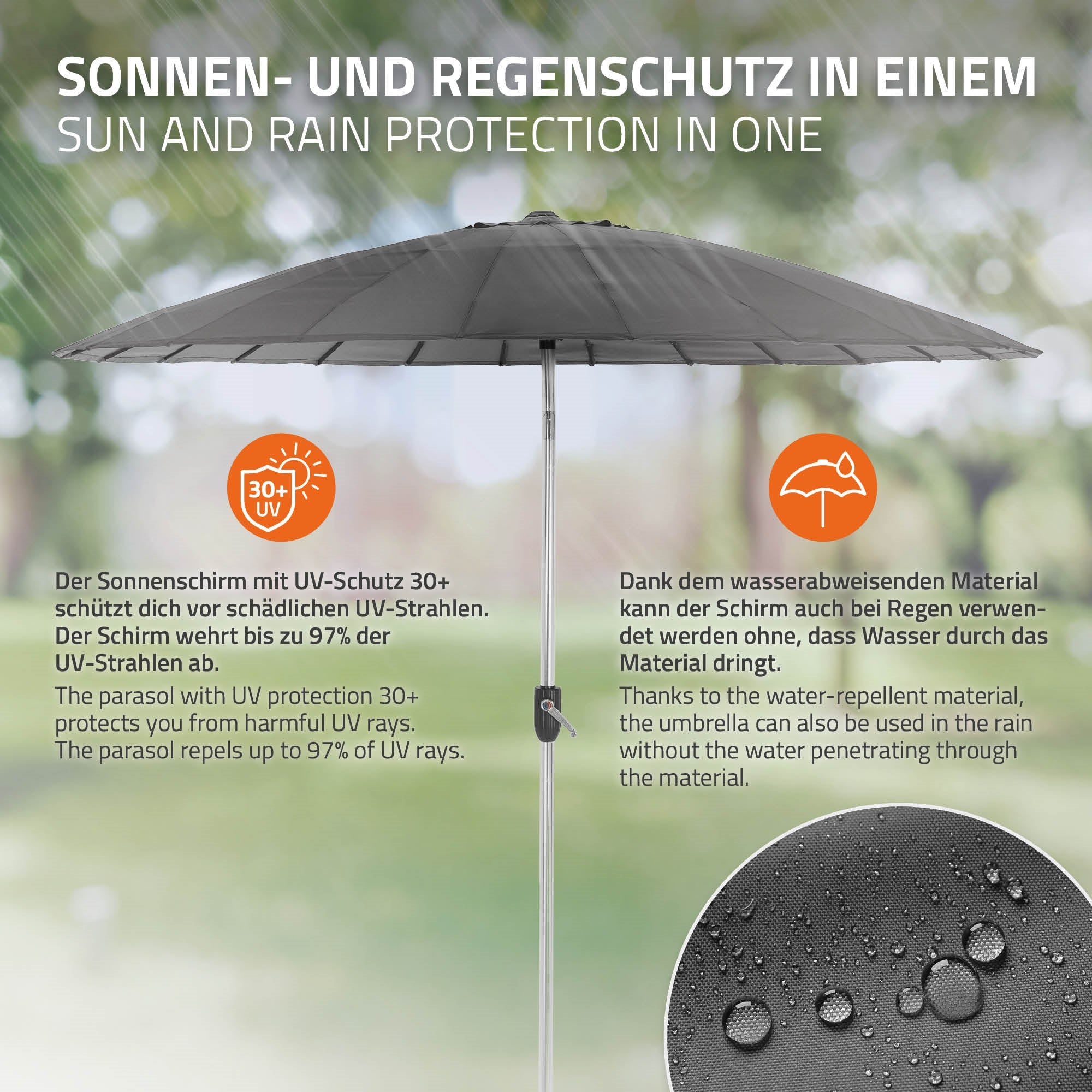 Un parasol avec un matériau déperlant et une protection UV, installé à l'extérieur.