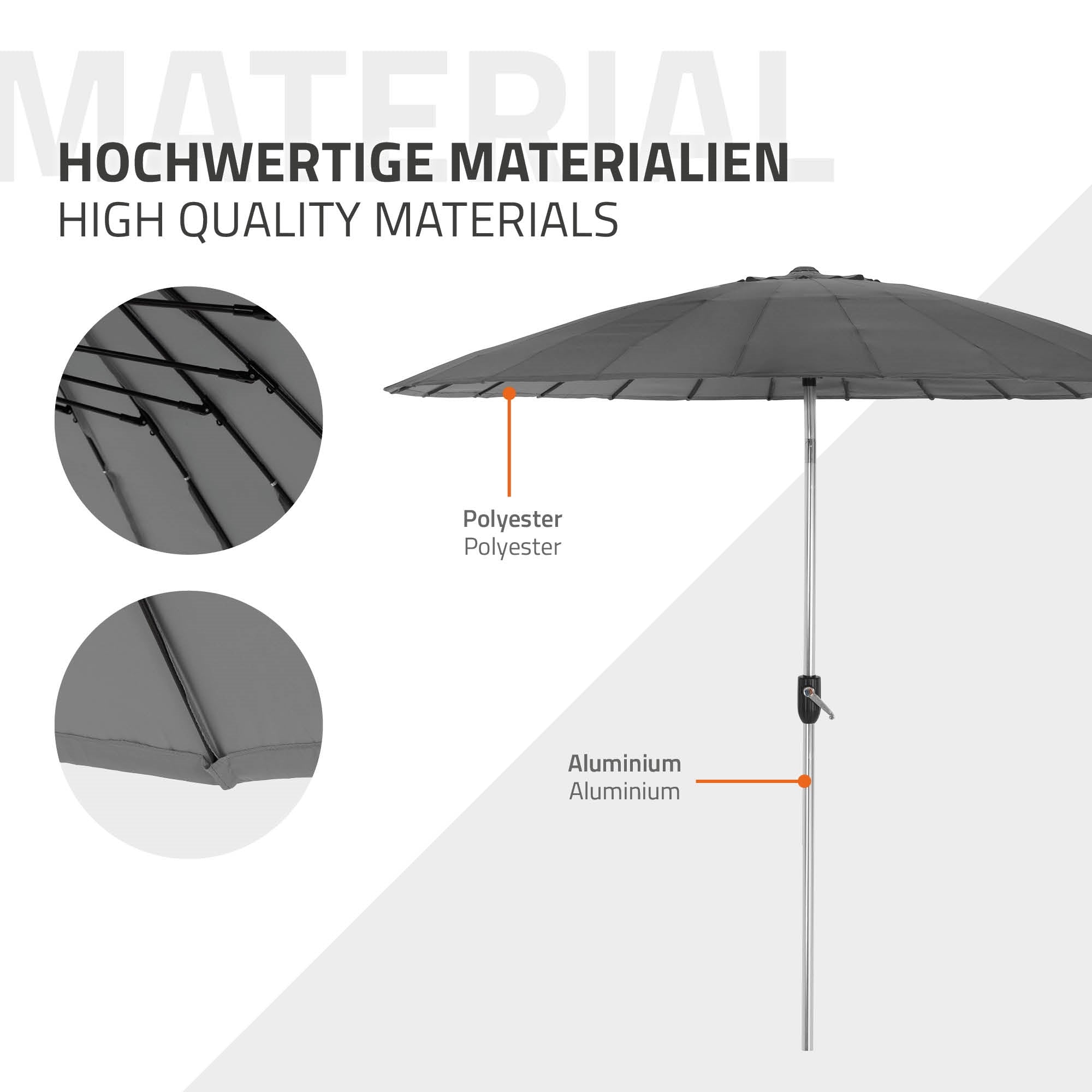 Parasol avec une housse en polyester gris et un cadre en aluminium.