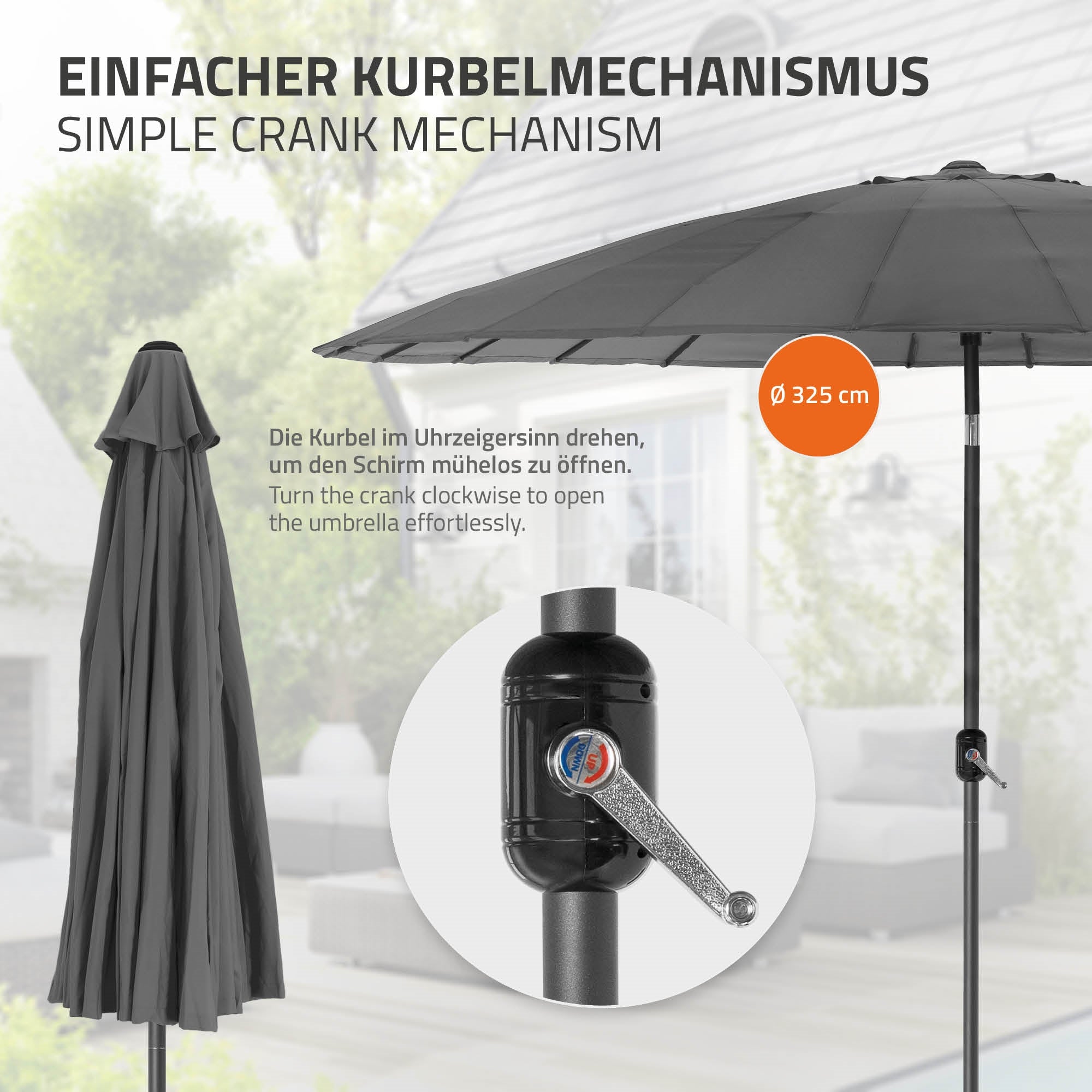 Parasol avec mécanisme à manivelle, diamètre 325 cm, sur une table dans le jardin.