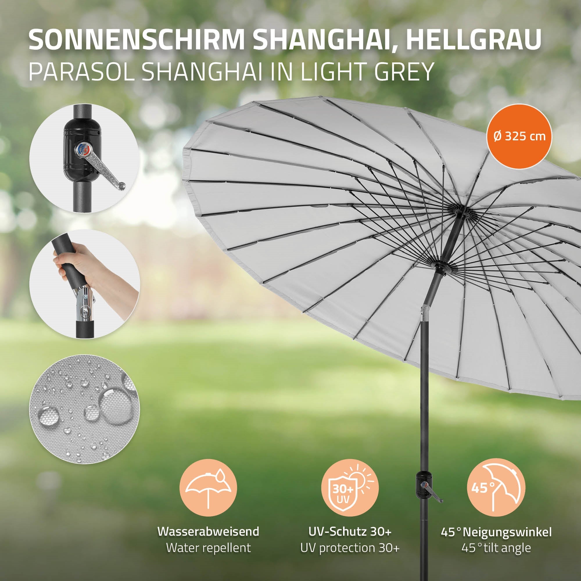 Parasol gris clair avec matériau déperlant et protection UV.