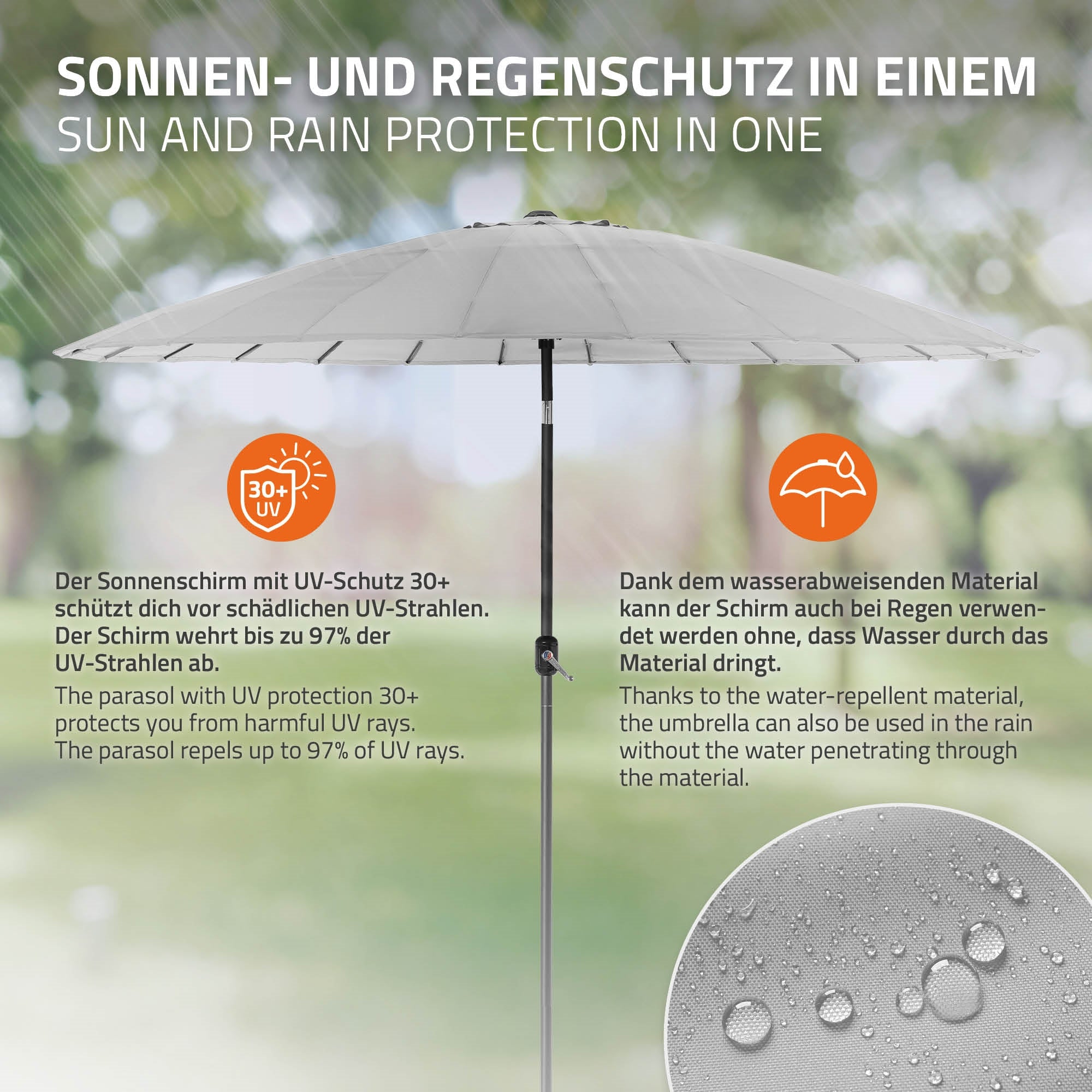 Parasol avec protection UV et matériau déperlant.