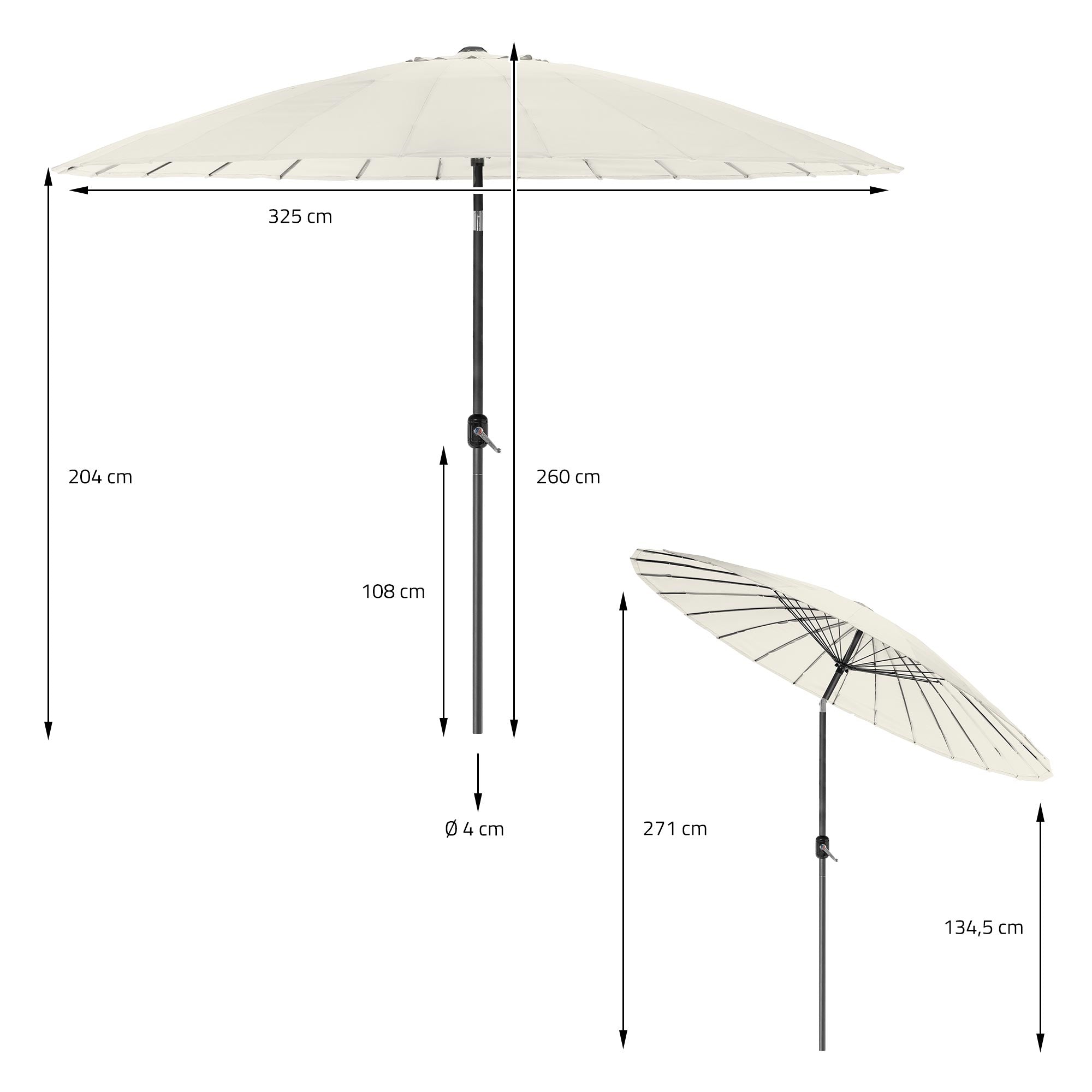 Dessin technique du parasol avec hauteur et diamètre.