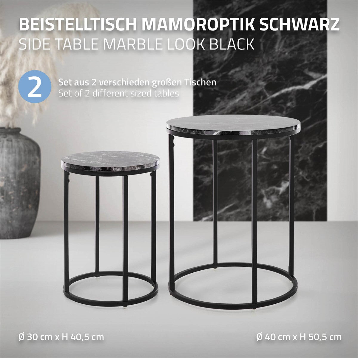 Table d’appoint aspect marbre noir, deux tailles différentes.