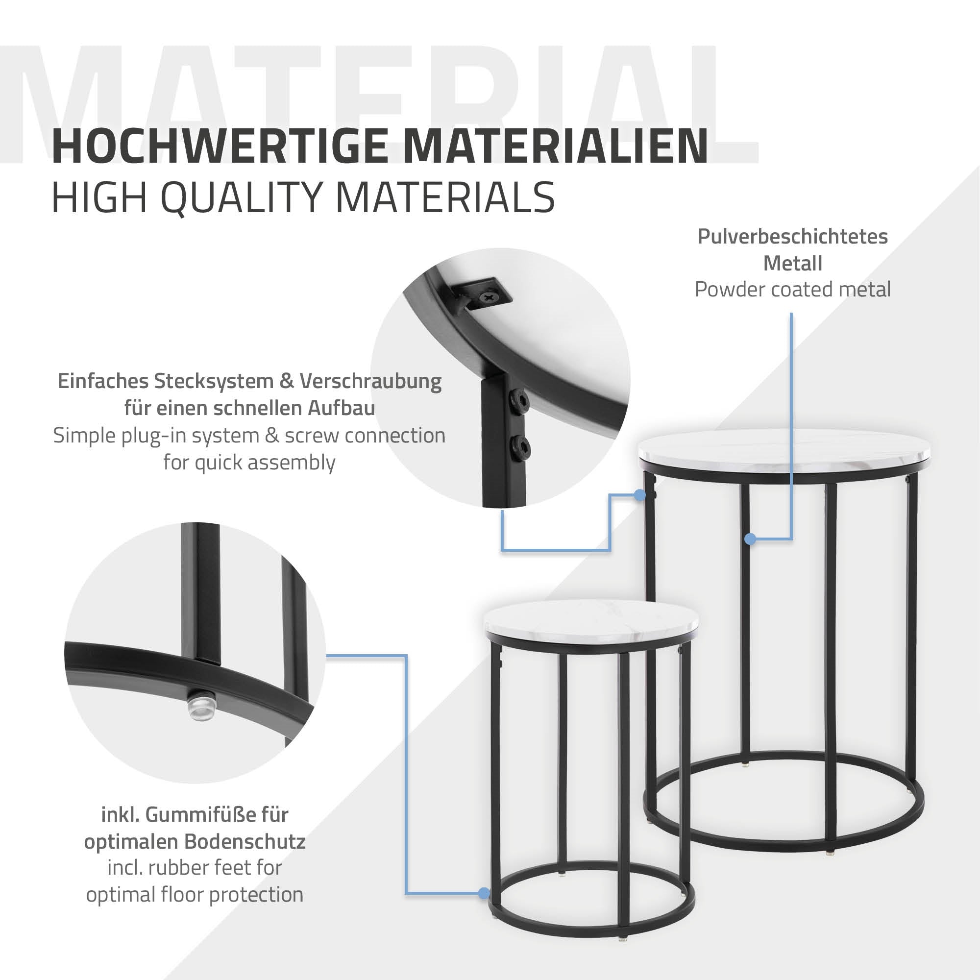Informationen zu hochwertigen Materialien eines Tisches mit schwarzem Gestell.