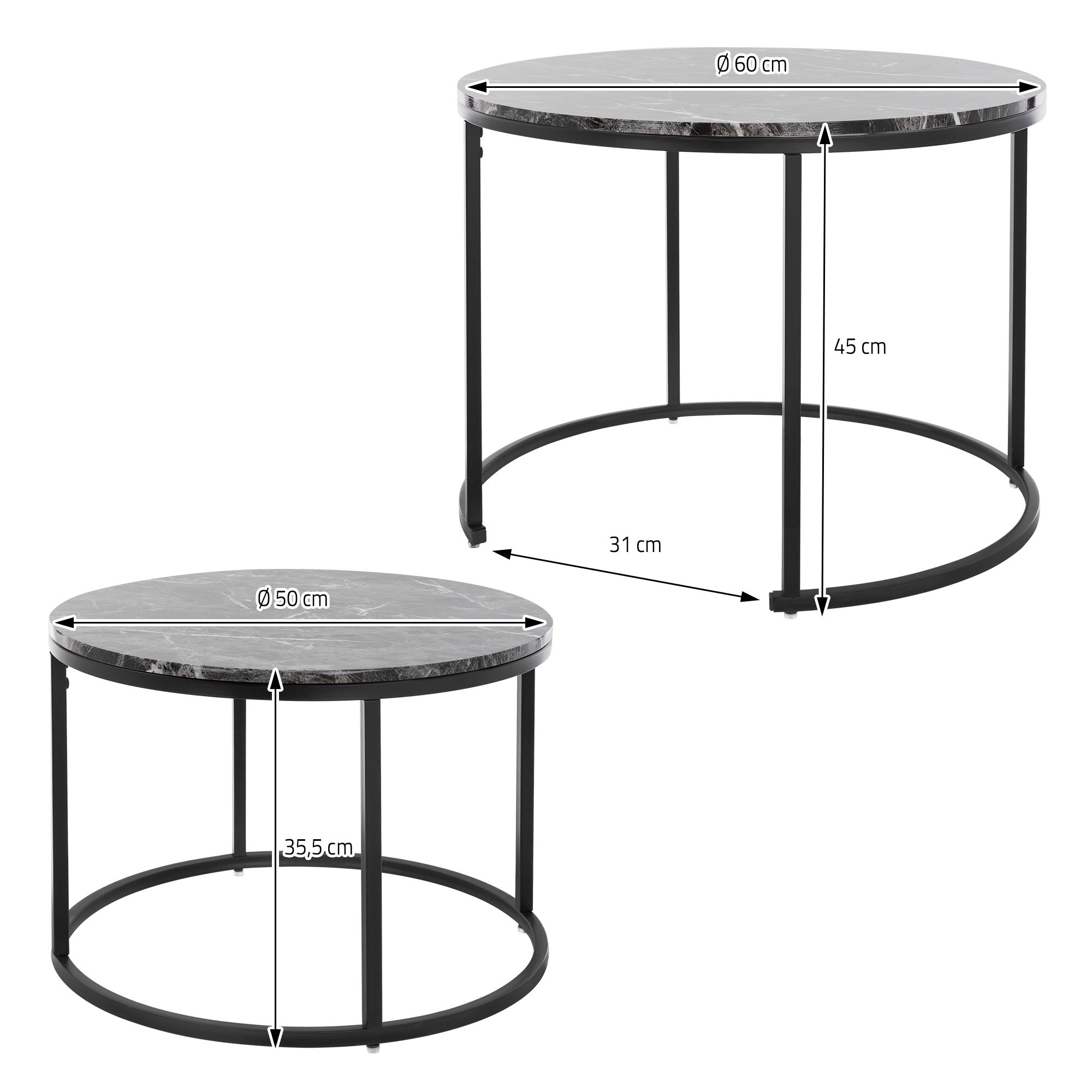 To runde borde med sort metalstel og marmorering på bordpladerne.