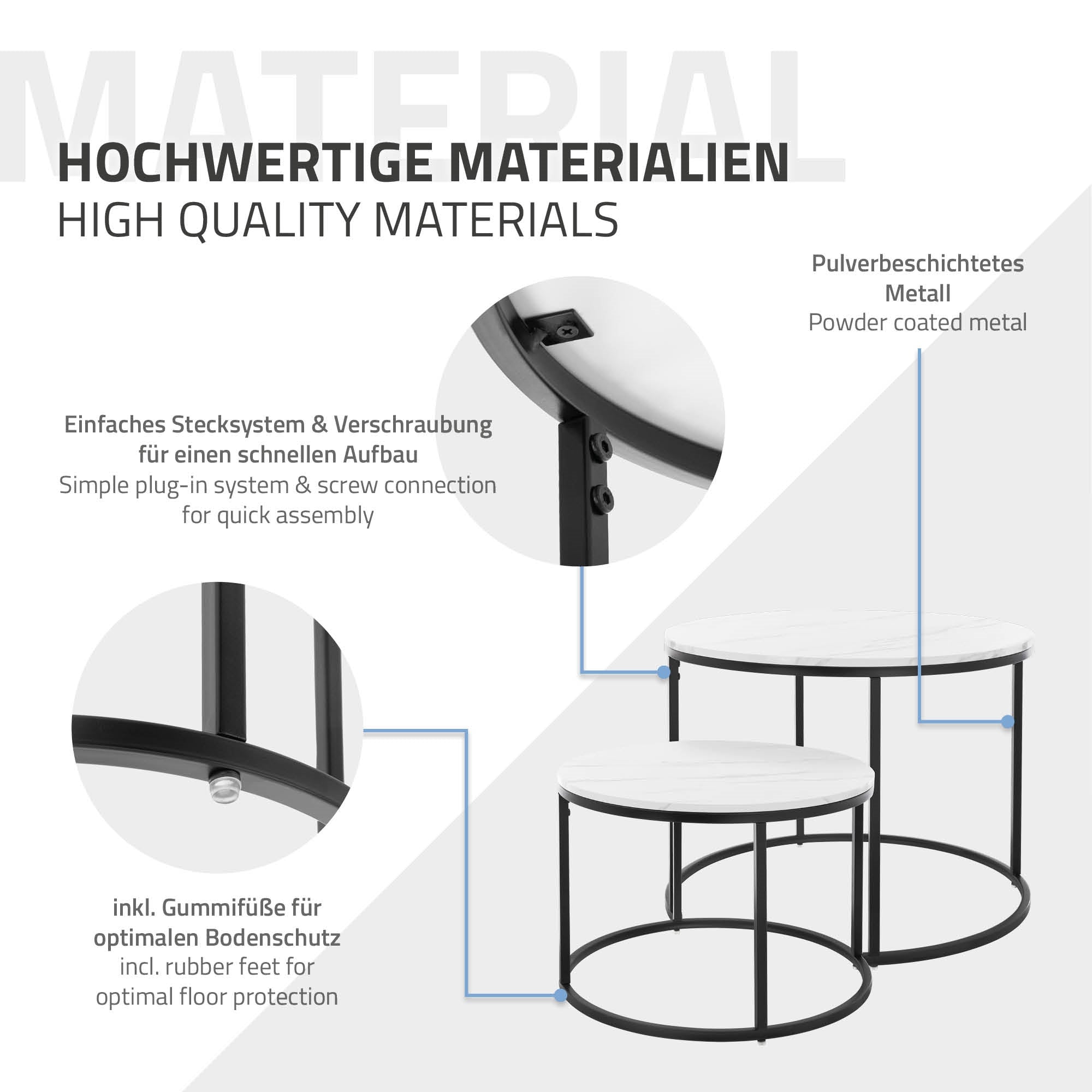 Tisch aus pulverbeschichtetem Metall mit zwei runden Tischplatten.