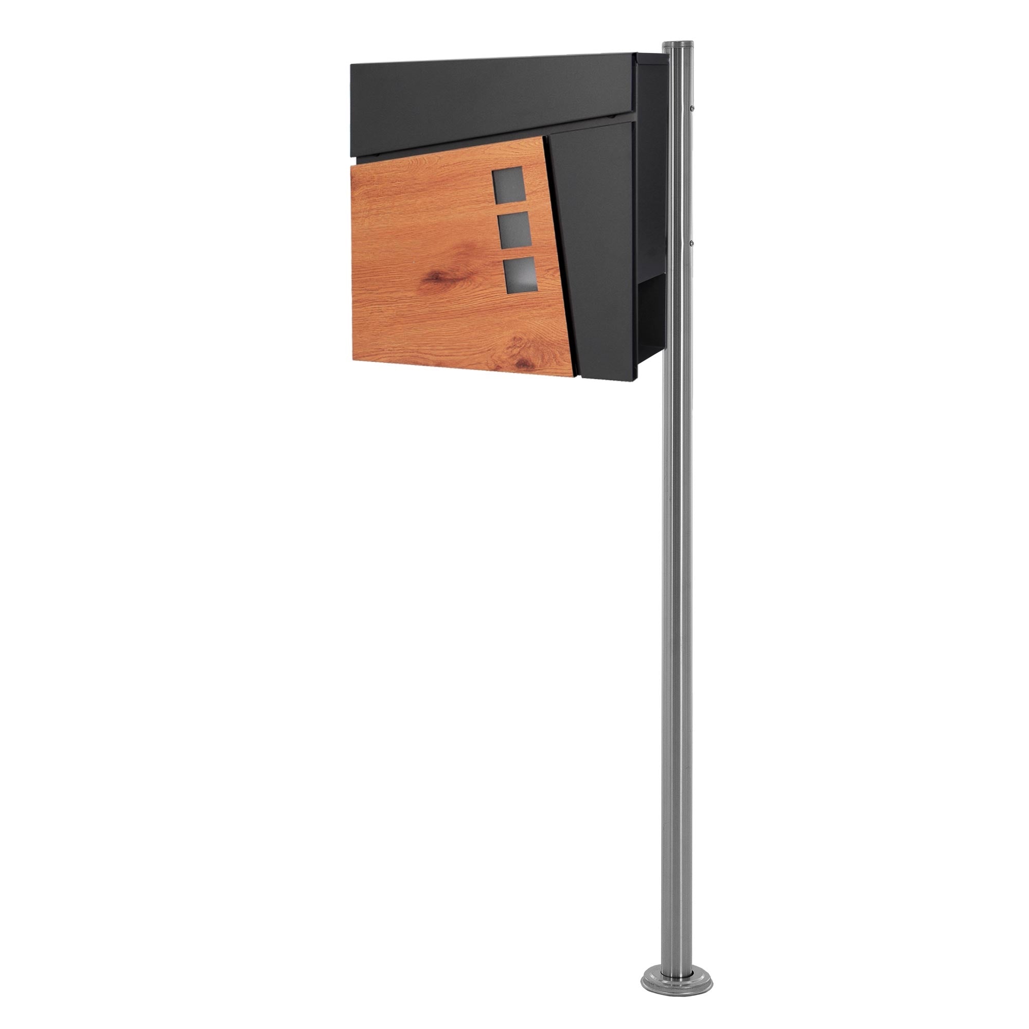 Mailbox with wood and metal surface, side view.