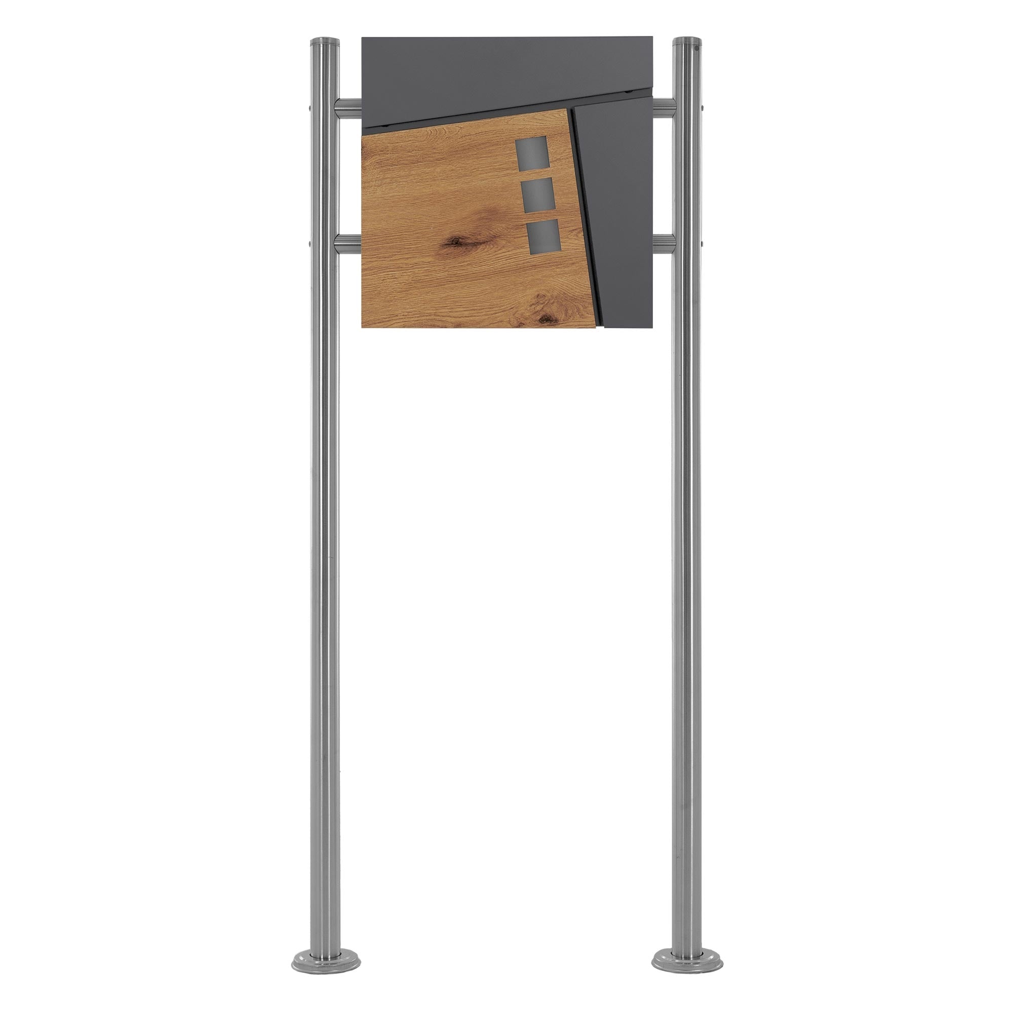 Mailbox on two supports, wood and metal combination.