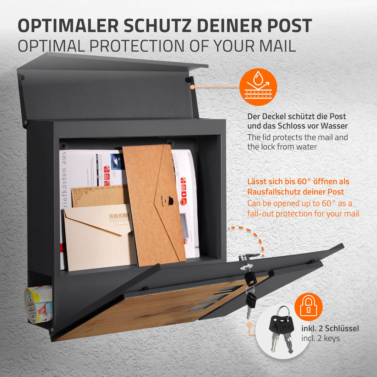 Offener Briefkasten mit Post und einem Schutzdeckel gegen Wasser.
