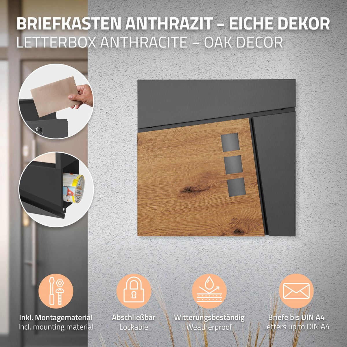 Cassetta postale antracite con decorazione in rovere, materiale di montaggio incluso.
