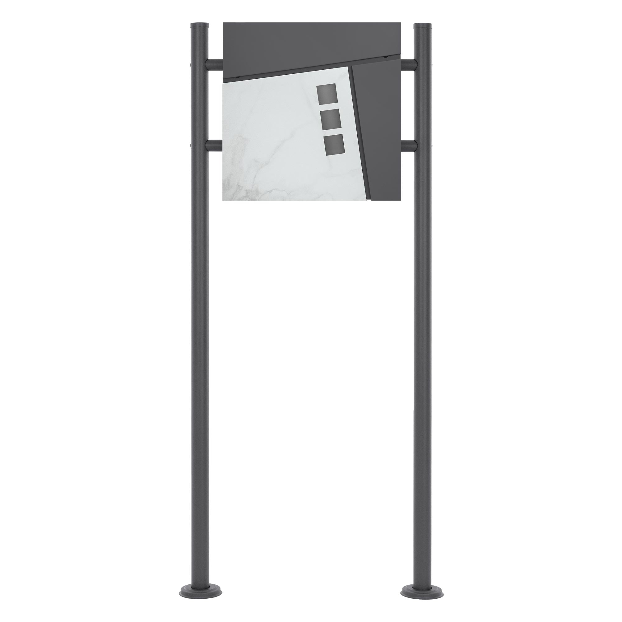 Fritstående postkasse med grå og marmor overflade på to støtteben.