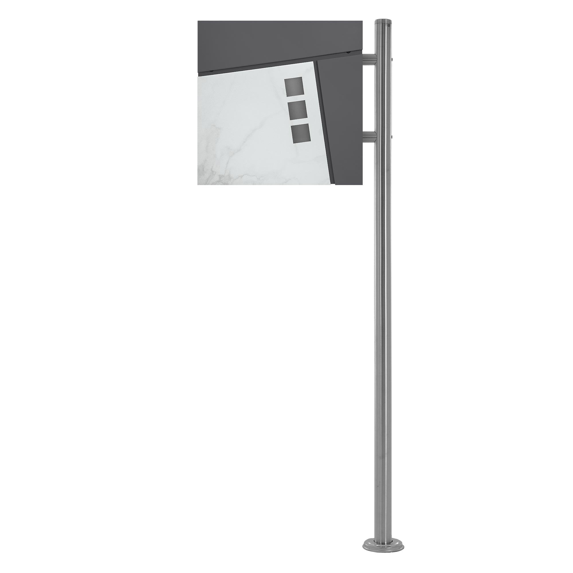 Mailbox on a metal post, with gray and white design.