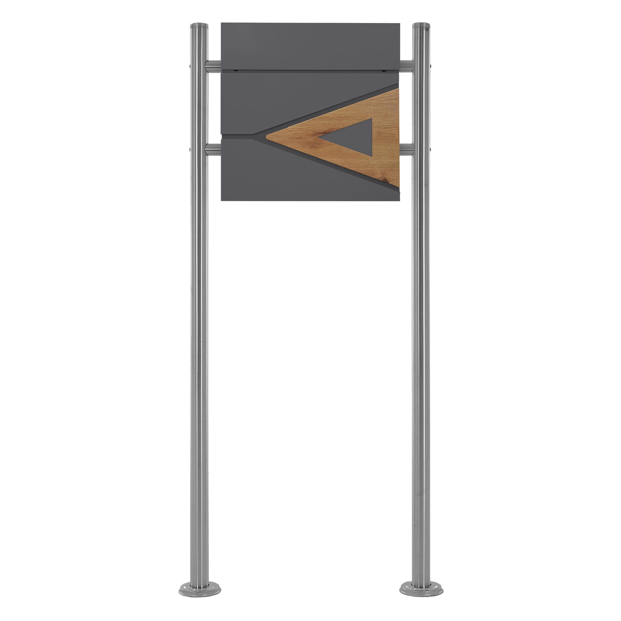 Gray wall panel with wood details, mounted on two metal posts.