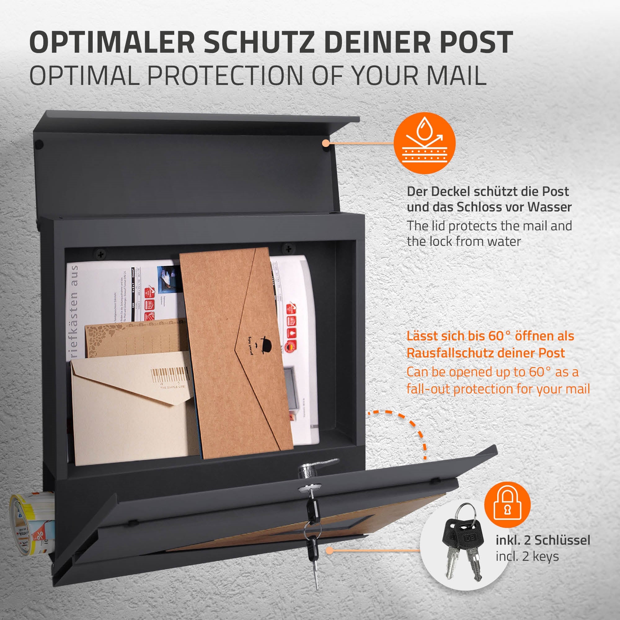 Offener Briefkasten mit Post und zwei Schlüsseln, Schutz vor Wasser.