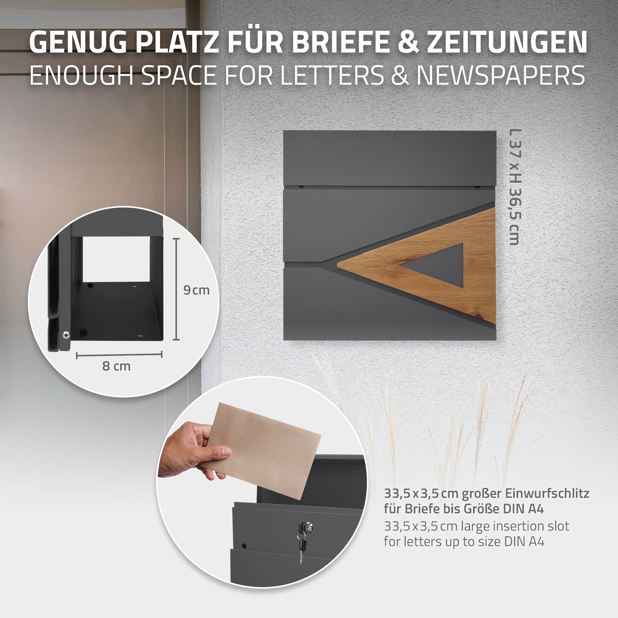 Grafik mit Informationen über den Platz im Briefkasten für Briefe und Zeitungen.