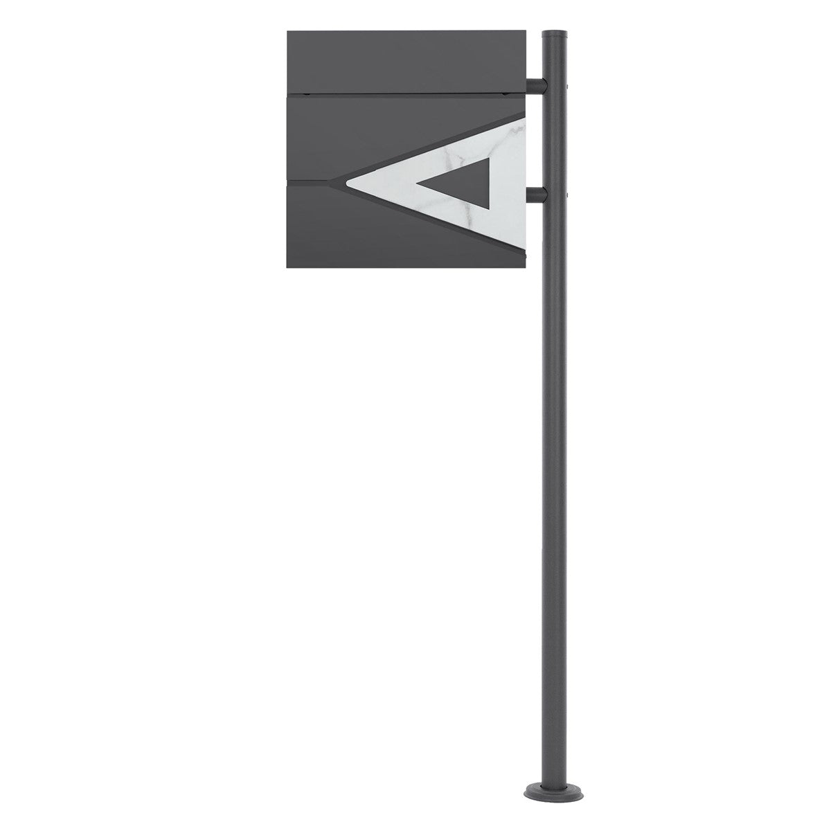Side view of a modern mailbox on a post against a neutral background.