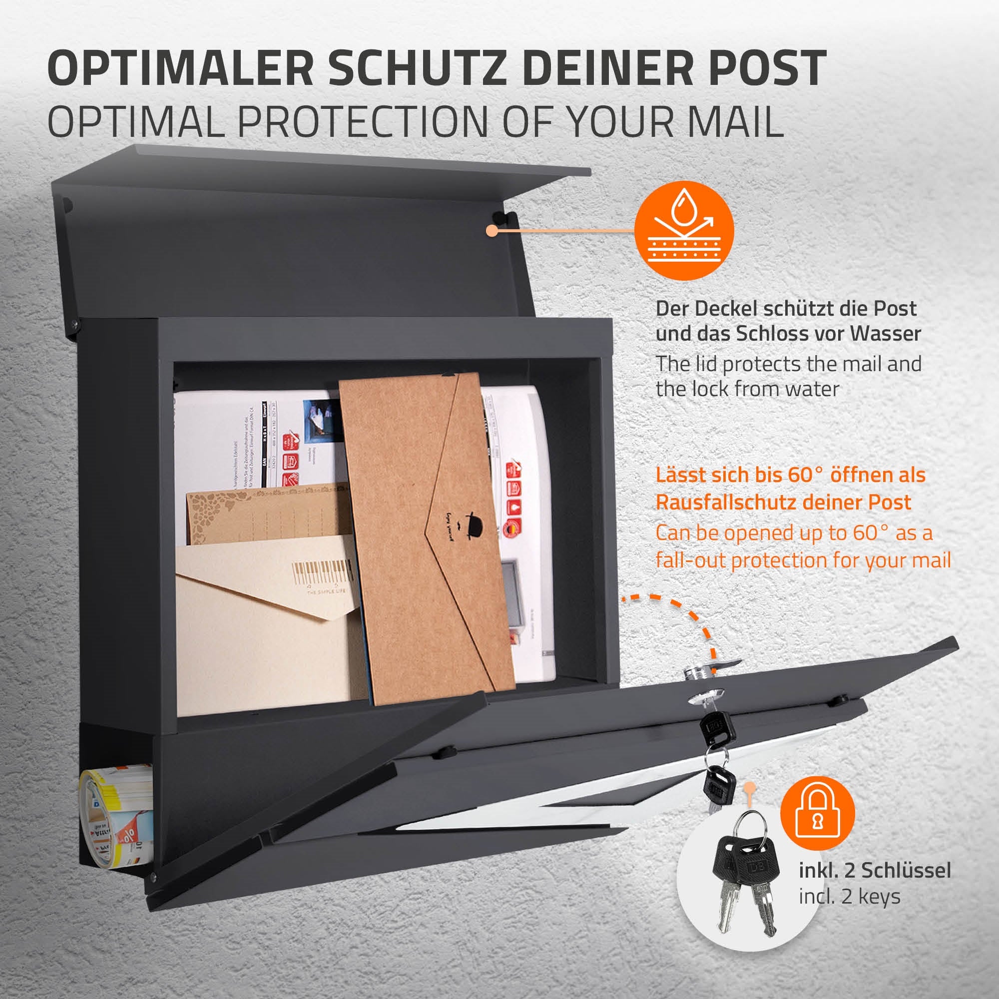 Briefkasten mit geöffnetem Deckel, der Post und Schlüssel zeigt.