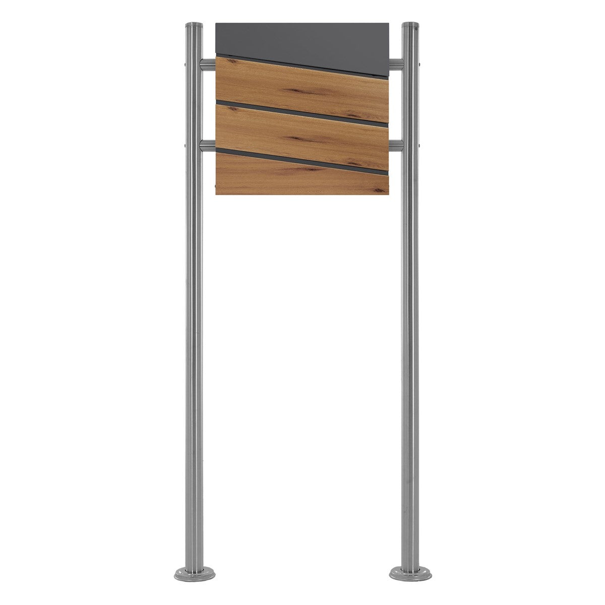 Letterbox in anthracite with oak decor, on a metal stand.