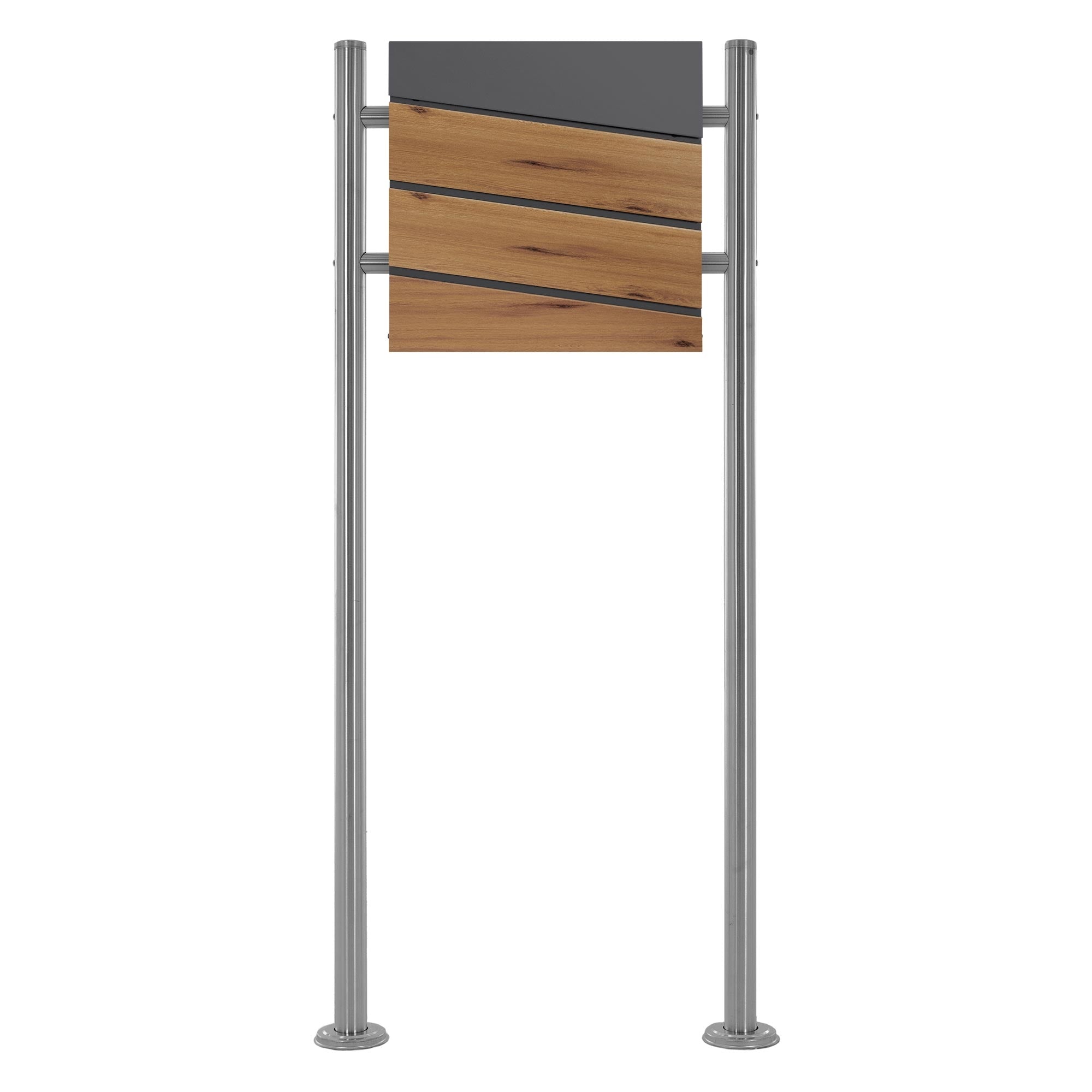 Mailbox in anthracite with oak decor, on a metal stand.