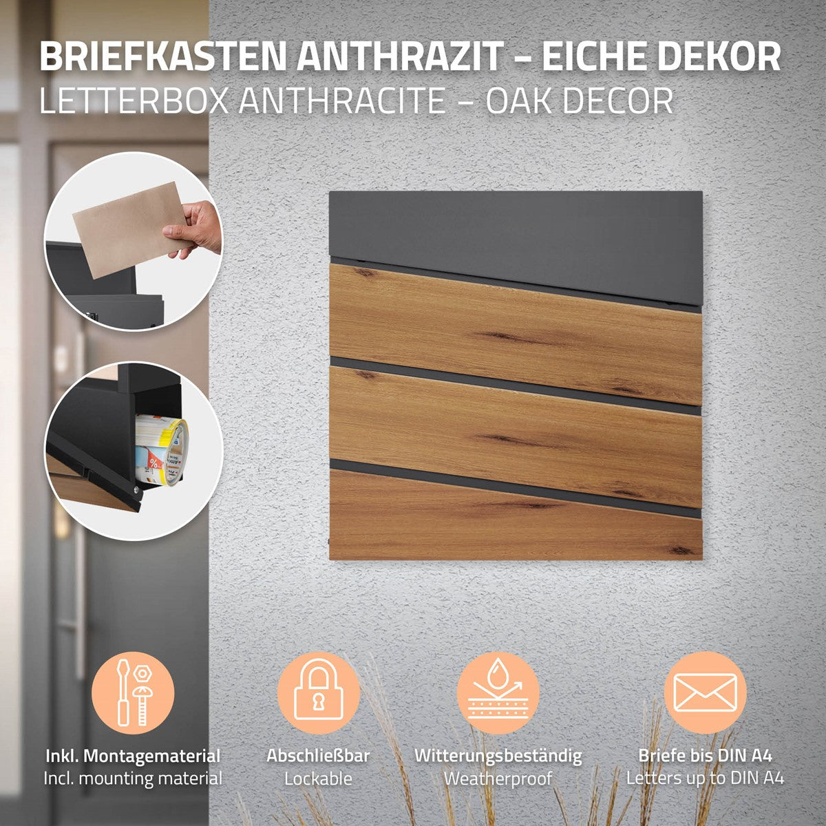 Briefkasten in Anthrazit mit Eiche-Dekor, inkl. Montagematerial.