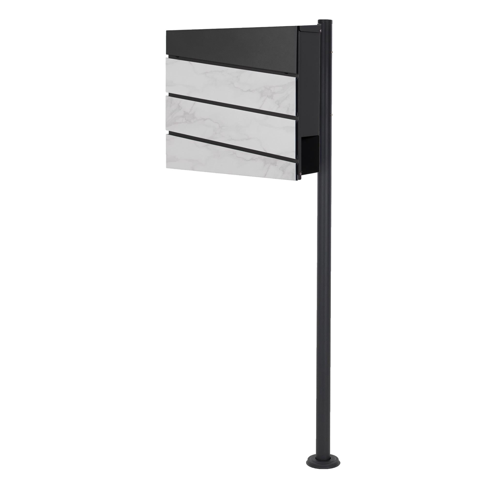 Cassetta postale con design grigio e bianco, su un supporto in metallo.