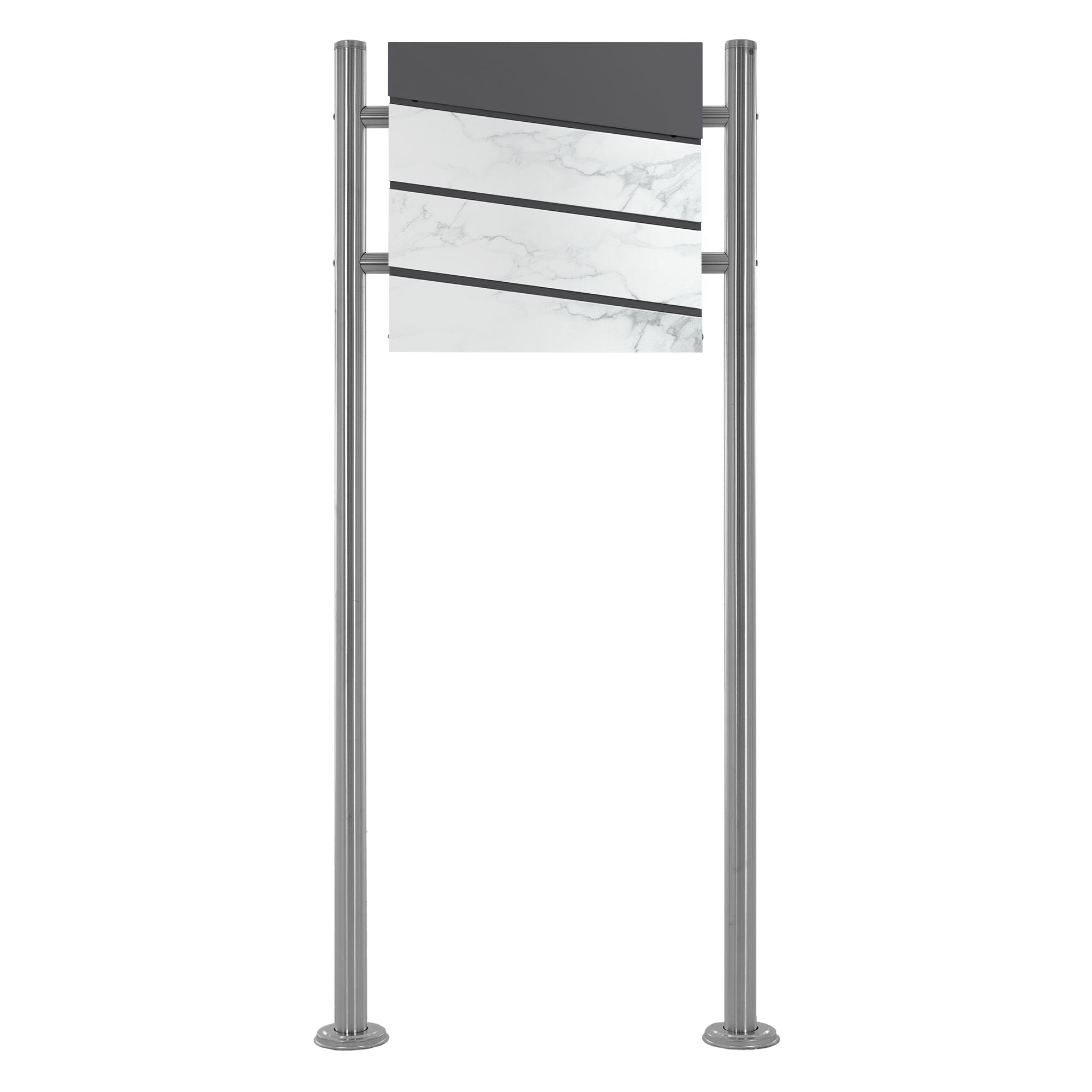 Mailbox with gray front and marbled element, on two supports.