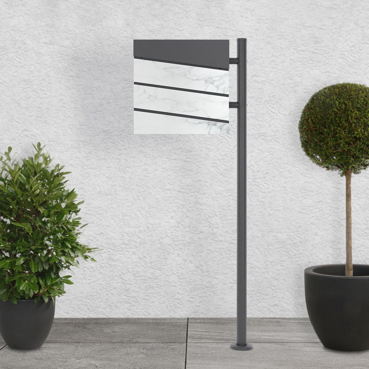 Modern mailbox unit with a grey frame and white panels.