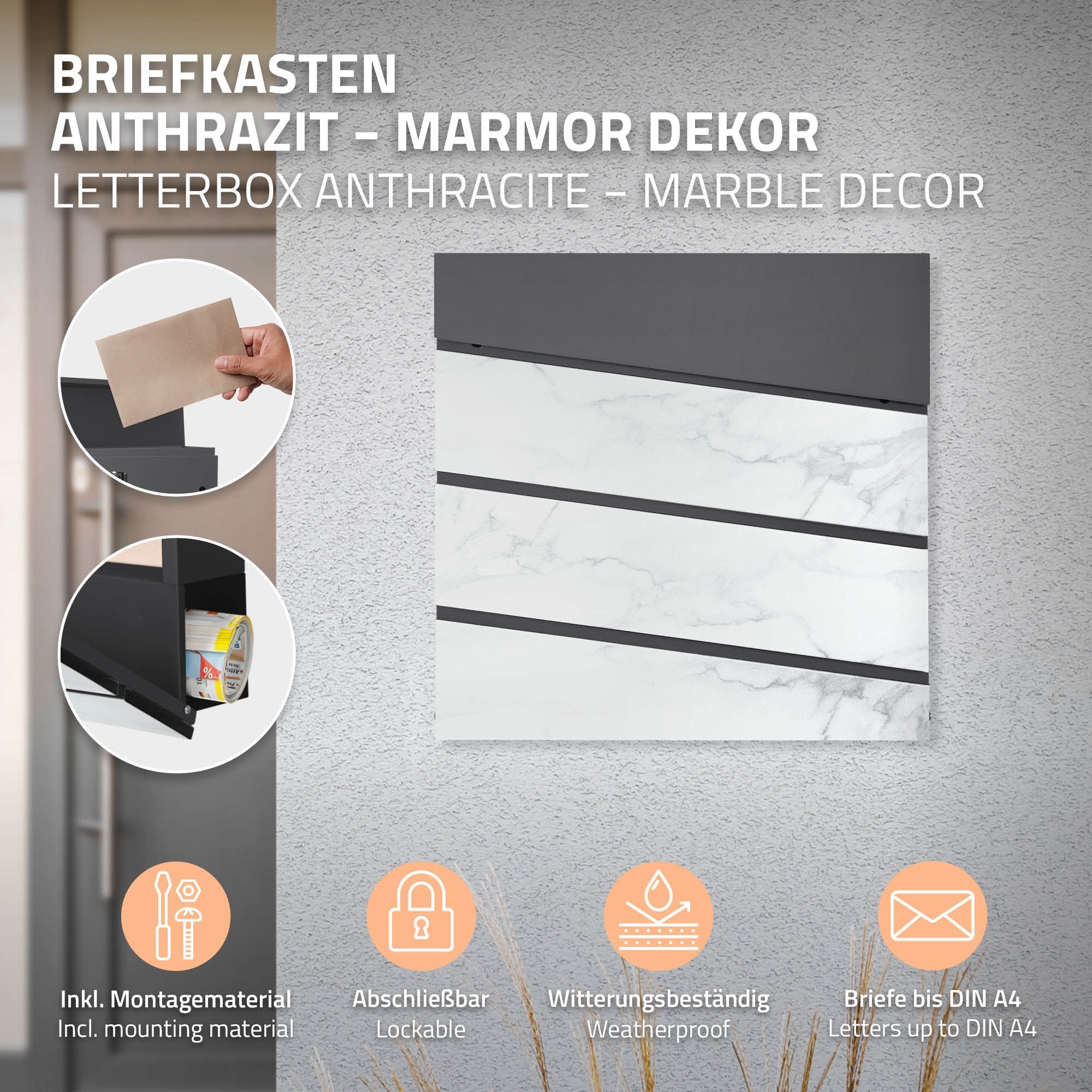 Briefkasten in Anthrazit mit marmoriertem Dekor und Montagehinweisen.