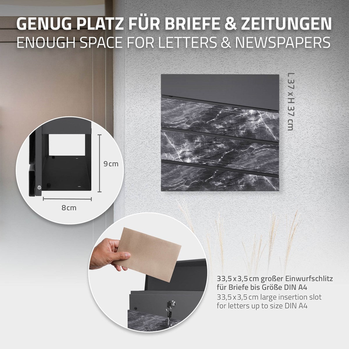 Briefkasten mit großem Einwurfschlitz für DIN A4 Briefe und Zeitungen.