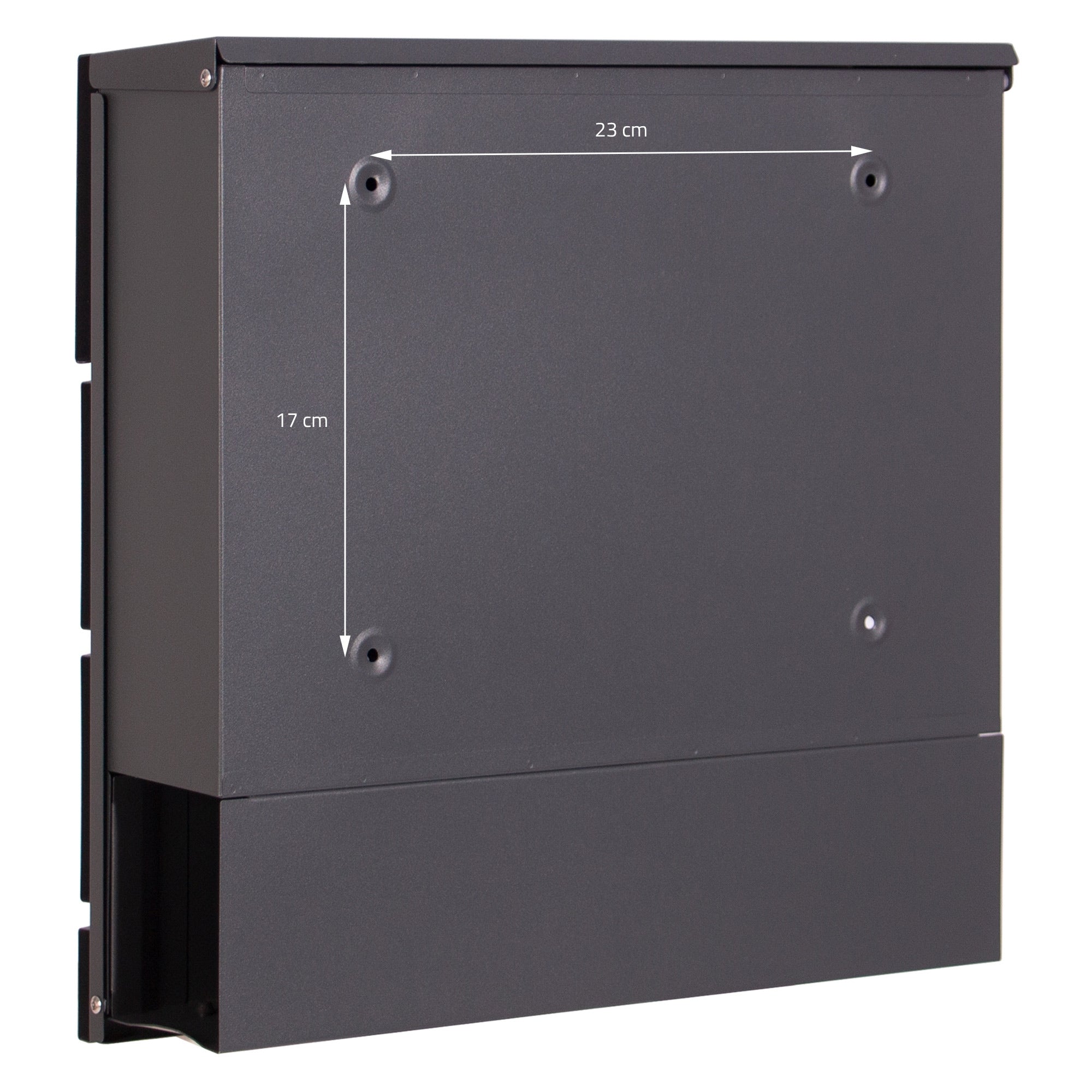 Rear view of a mailbox with dimensions for mounting.