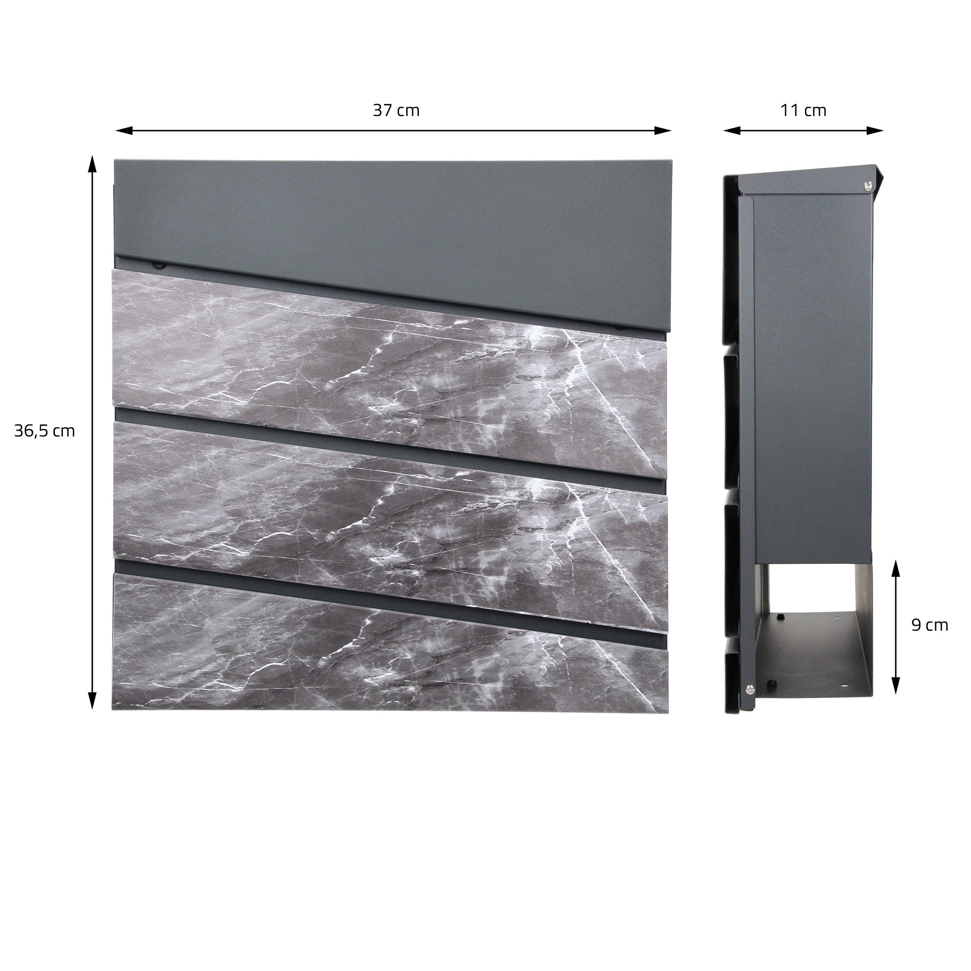 Detailweergave van een brievenbus met afmetingen en uitsparing.