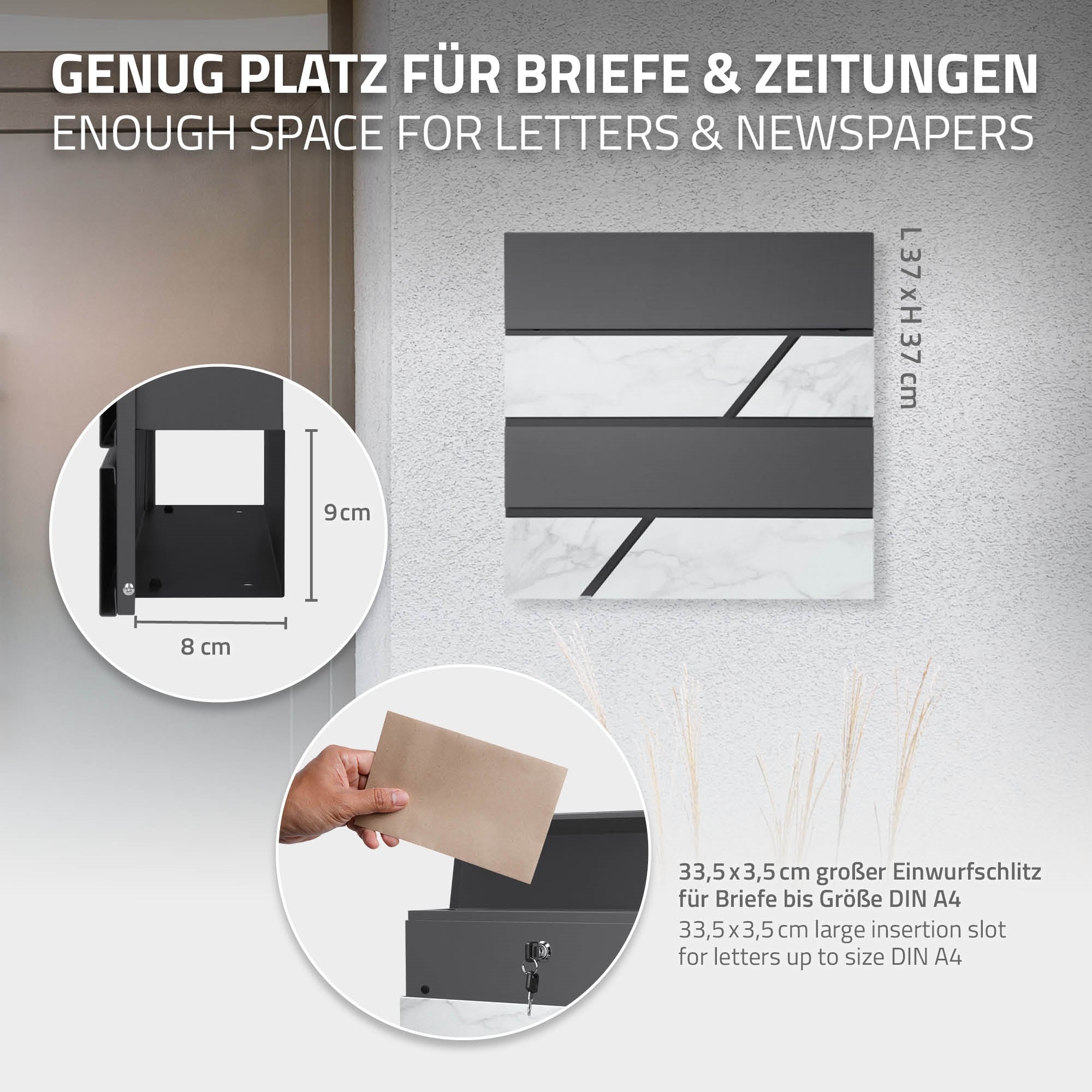 Grafik mit Maßen und Beschreibung für einen Briefkasten mit Einwurfschlitz.