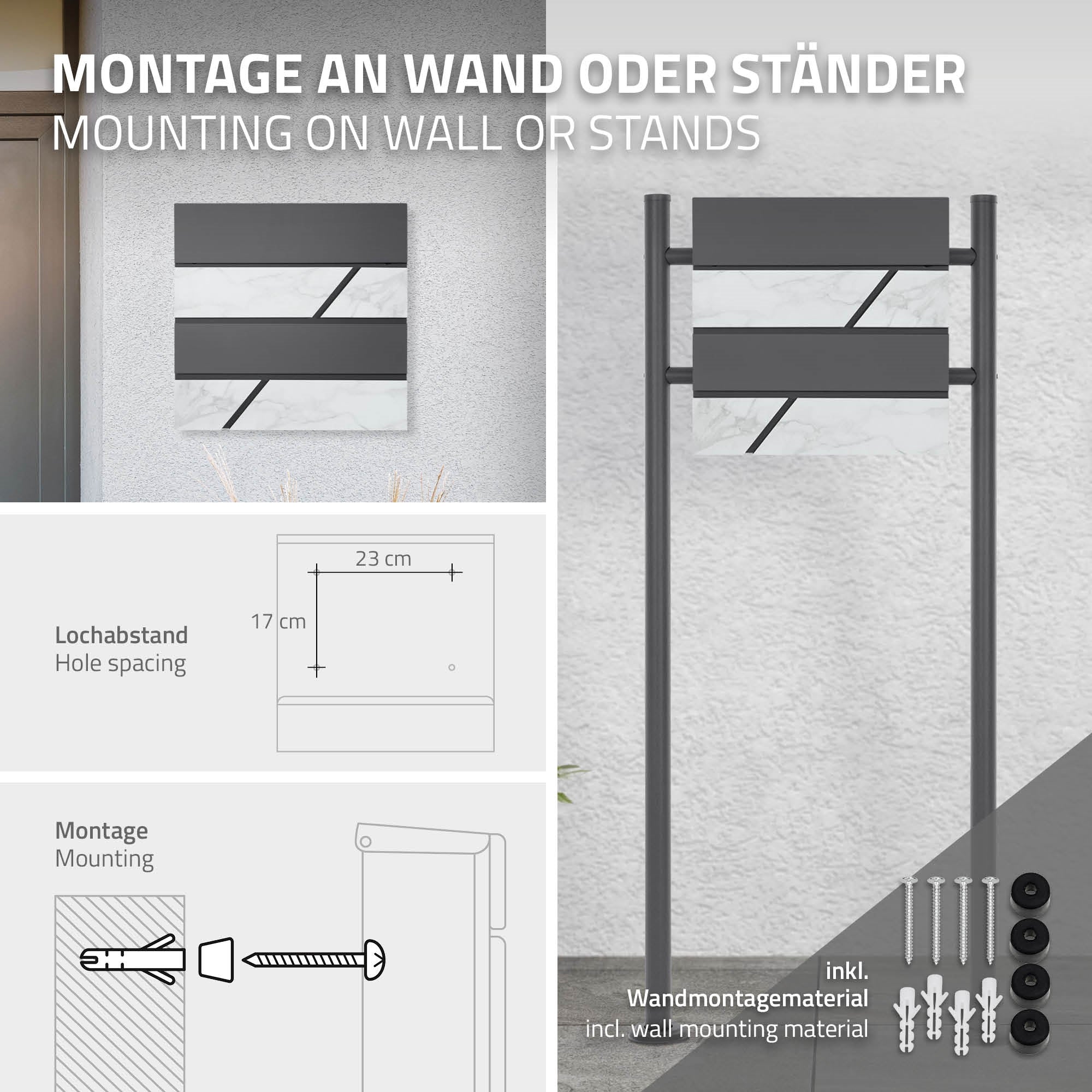Montageanleitung für einen Briefkasten an Wand oder Stand.