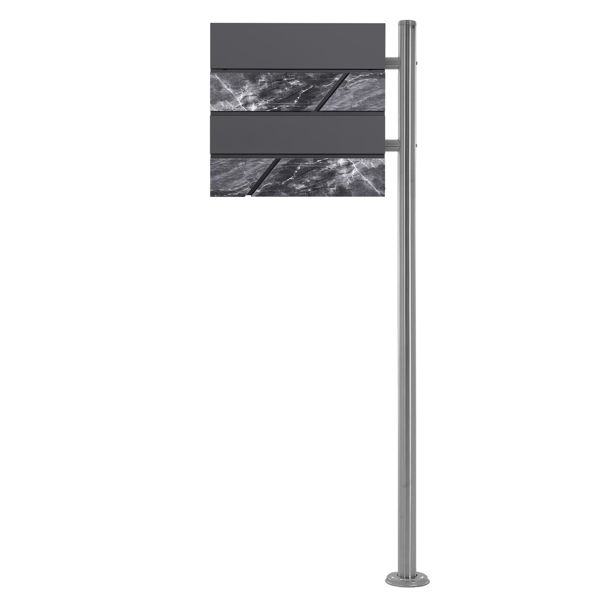 Standing sign with two horizontal panels in gray design.