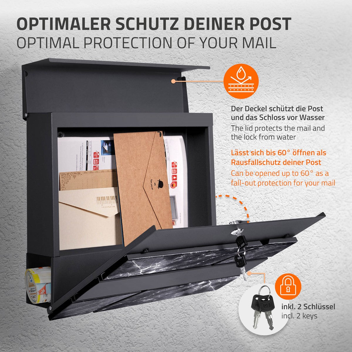 Offener Briefkasten mit Post und einem Deckel, der Schutz bietet.