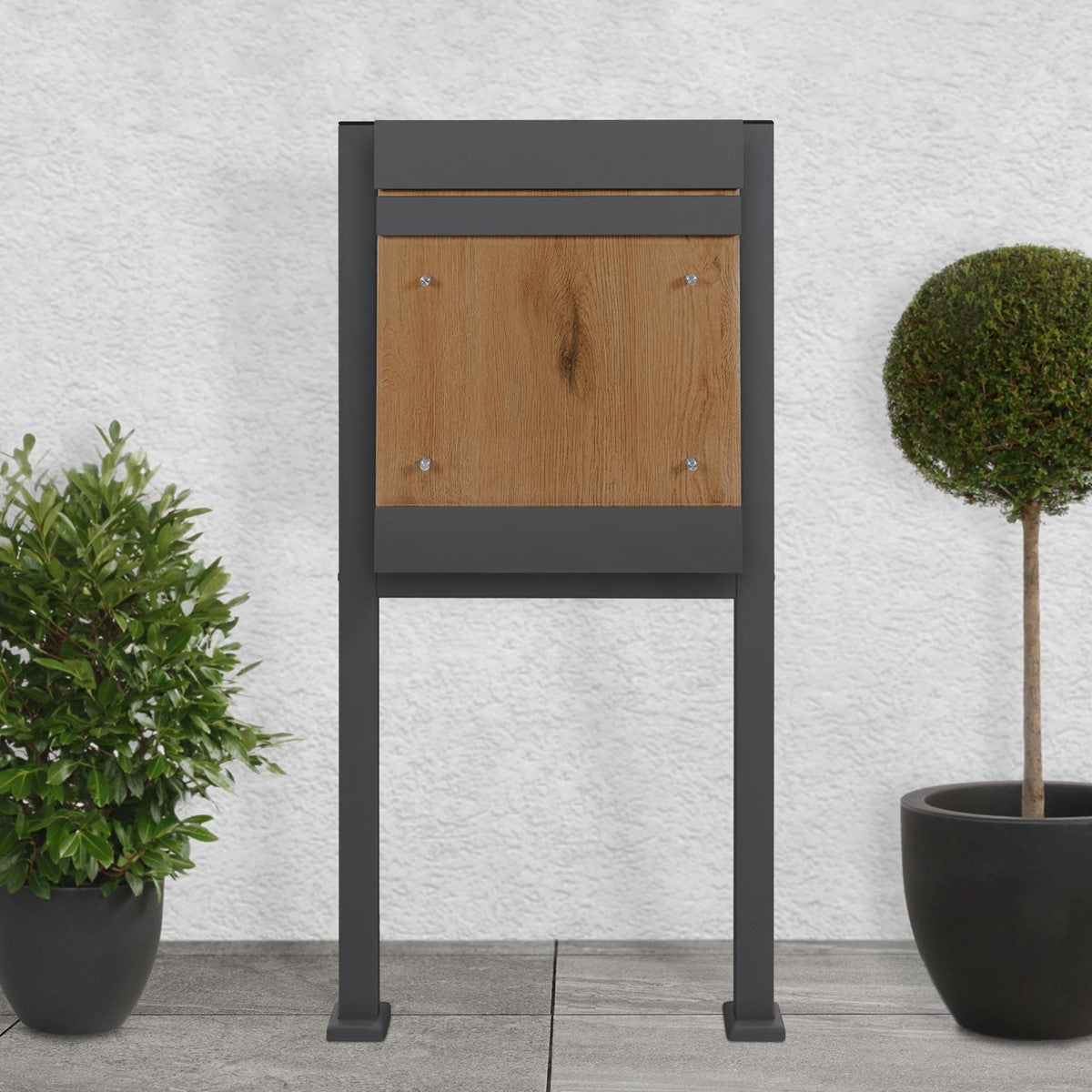 Paketkasten mit Holzfront, umgeben von zwei Pflanzen auf einem Bodenbelag.