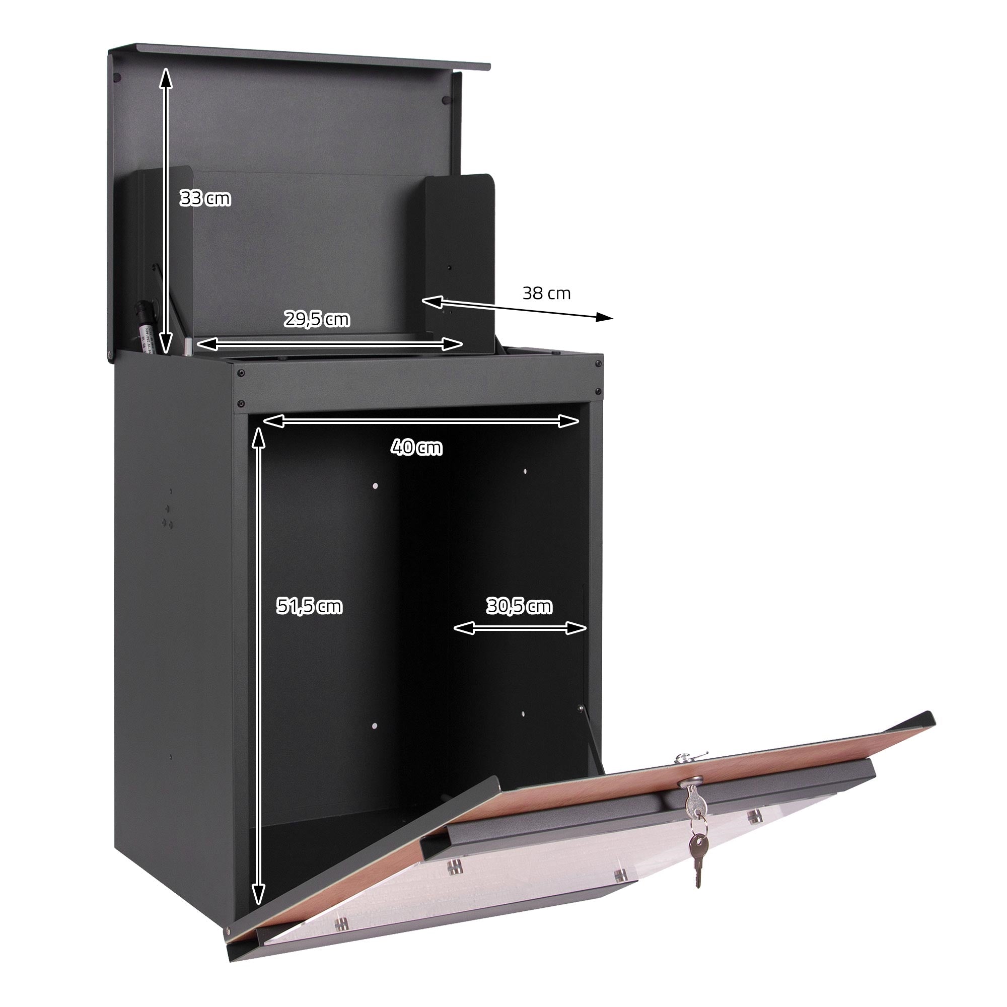 Black parcel box with dimensions and lock, opened with a view of the interior.