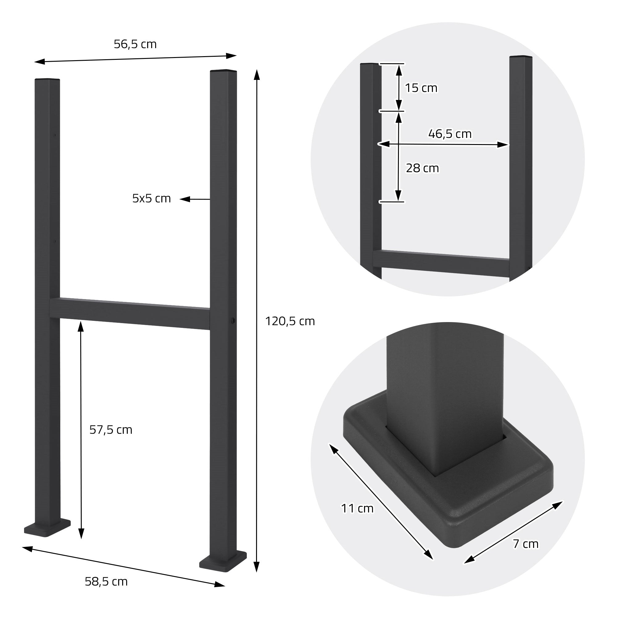 Technical drawing of a frame with dimensions and details.