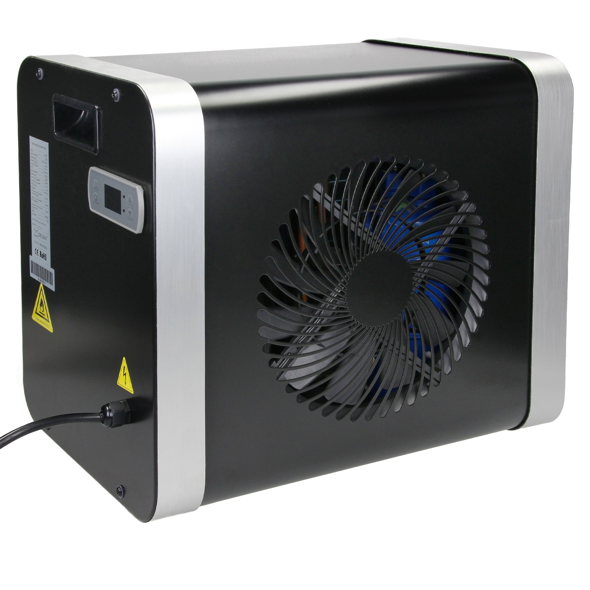 Schwarzer Ventilator mit silbernen Akzenten, seitliche Ansicht.