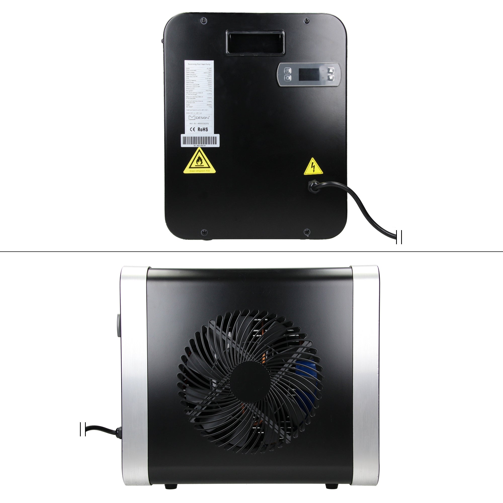 Rückansicht eines schwarzen Ventilators mit Bedienfeld und Kabel.