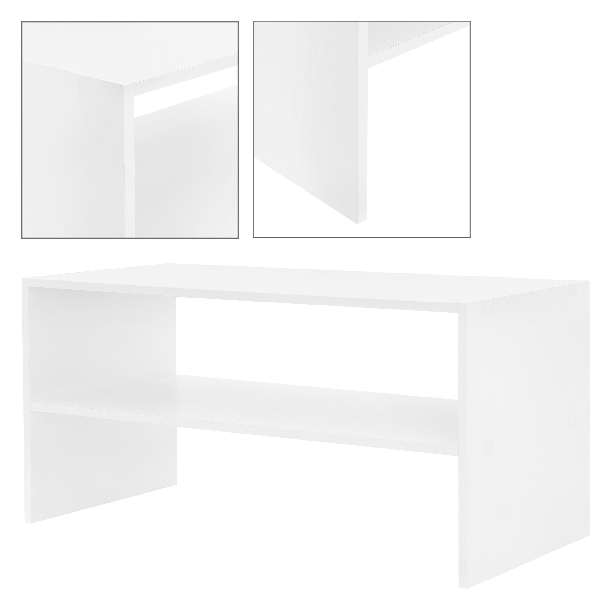 Table blanche avec deux vues et une surface ouverte.