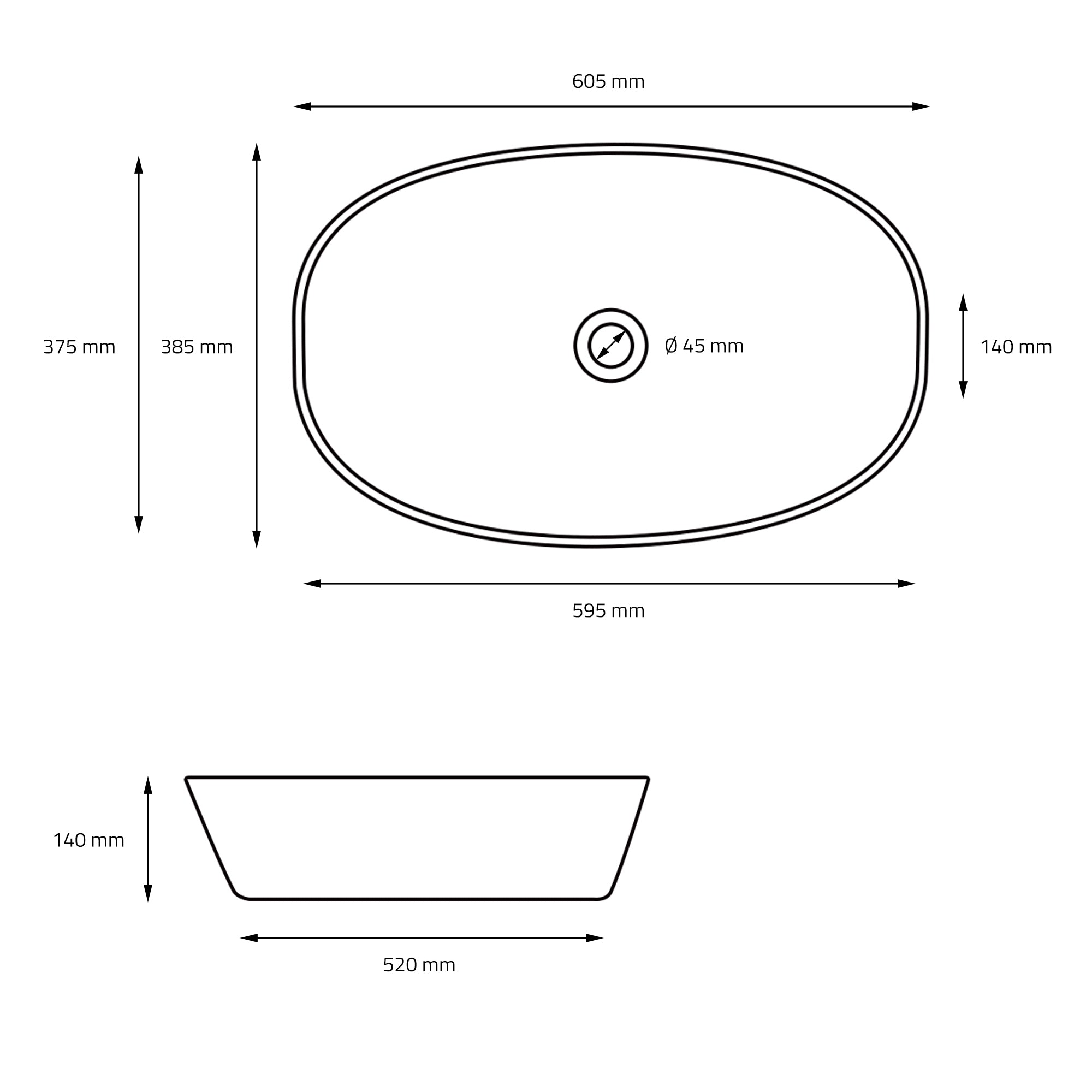 Dibujo técnico de una bañera ovalada con medidas.