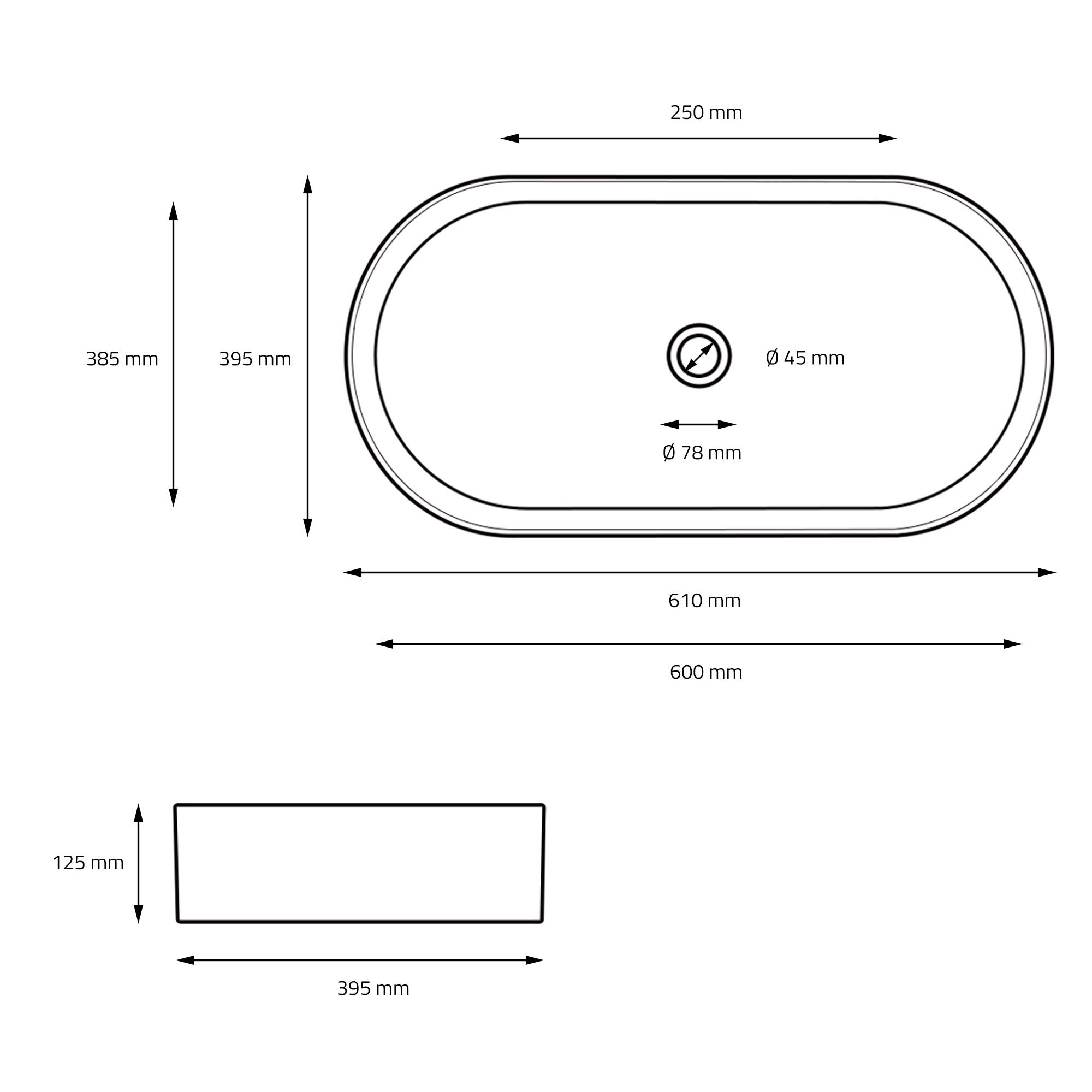 Technical drawing of an oval sink with dimensions.