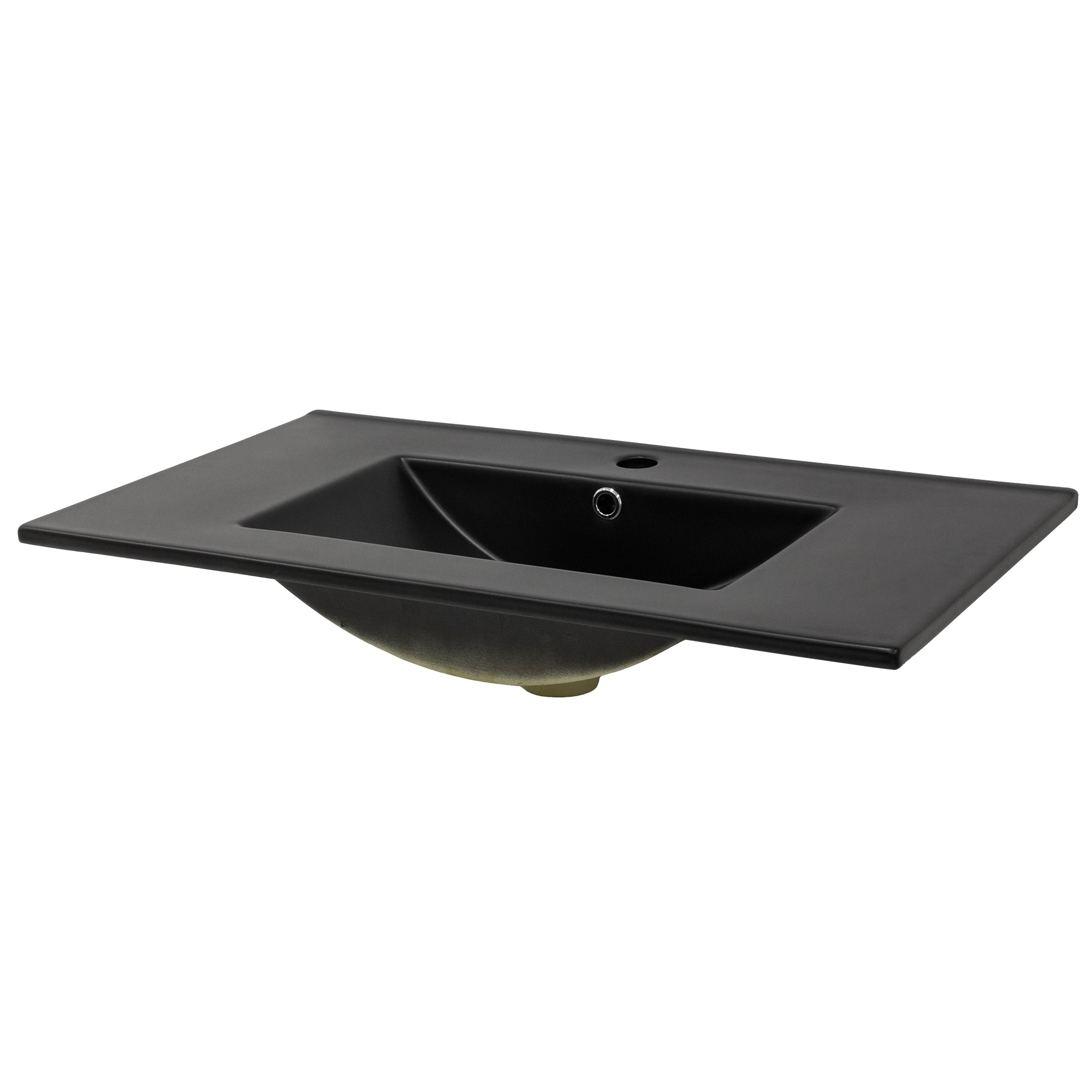 Black sink with rectangular shape and faucet on a wooden surface.