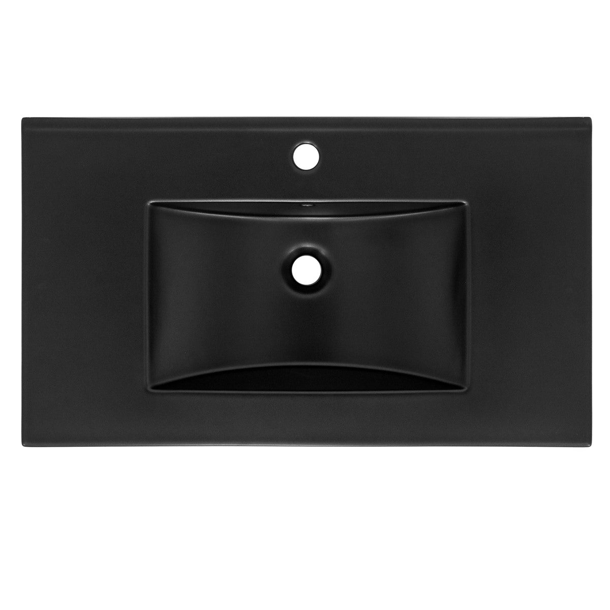 Black washbasin with a rectangular shape and a hole in the middle.