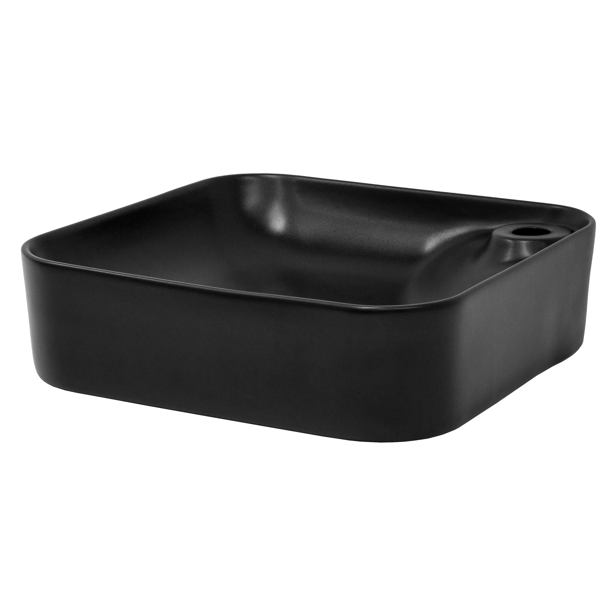Black square bowl viewed from the side.